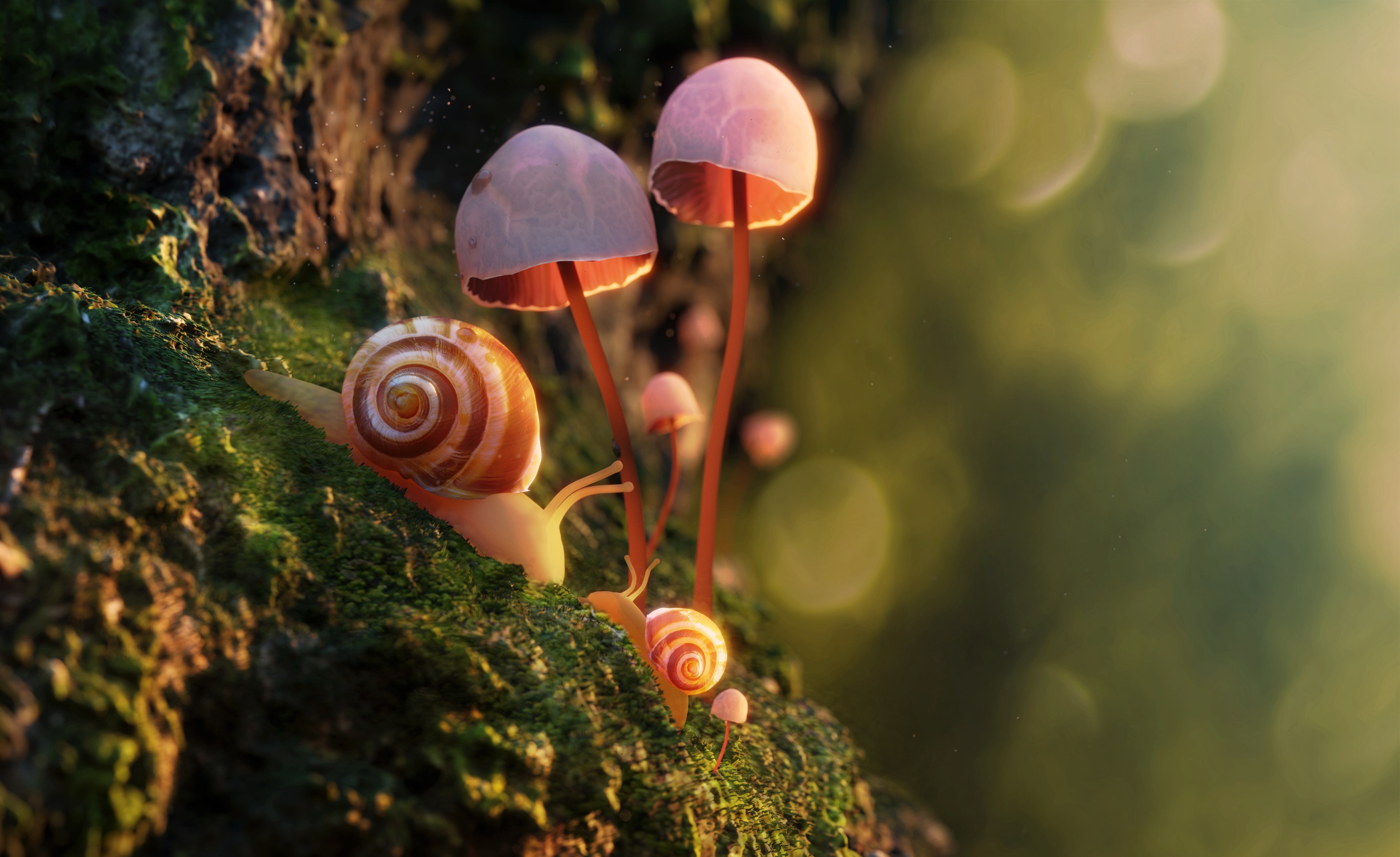 Macro Moss Mushroom Snail 3327x2036