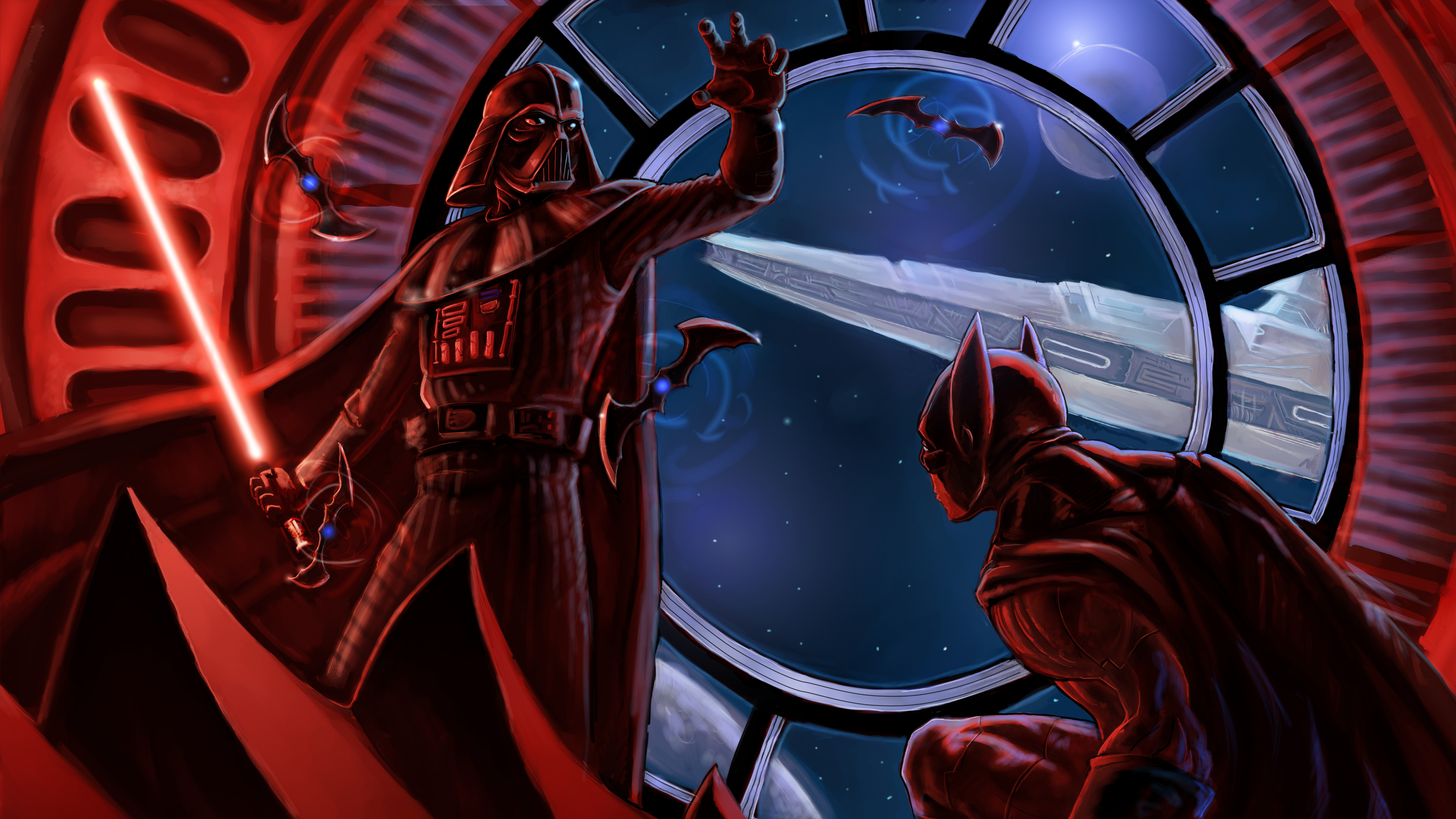 Darth Vader Batman Star Wars DC Comics Lightsaber Artwork Crossover Star Destroyer Sith 5120x2880