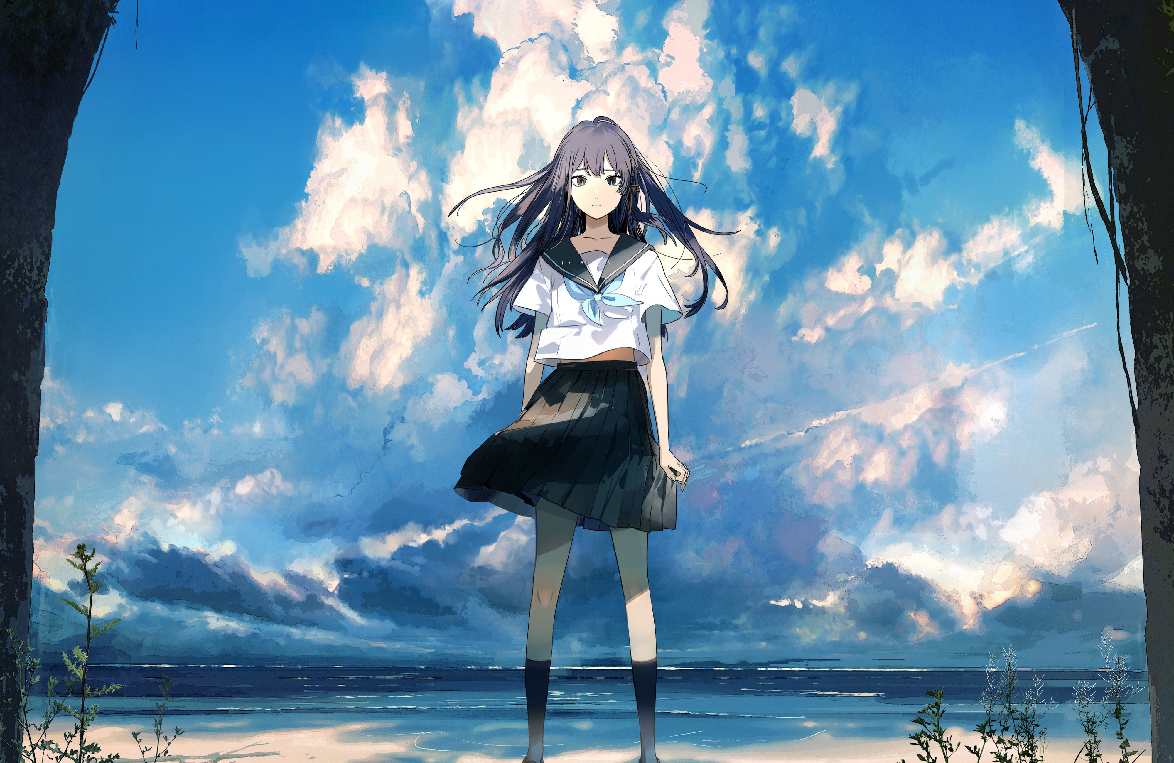 Anime Anime Girls Kukka Beach Sky School Uniform 4000x2600