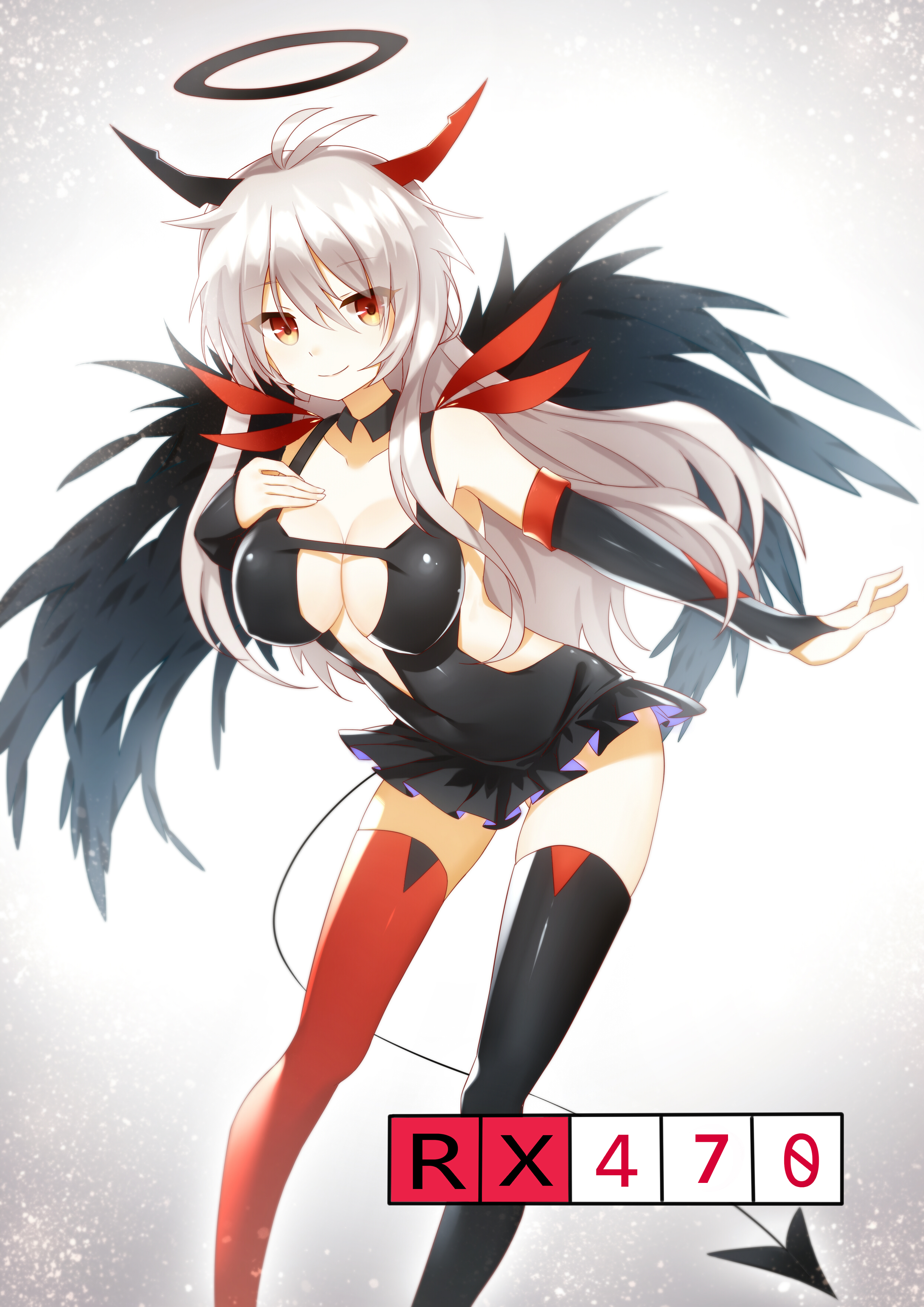 AMD Anime Girls Silver Hair Brown Eyes Horns Wings Dress Thigh Highs Tail 2480x3507