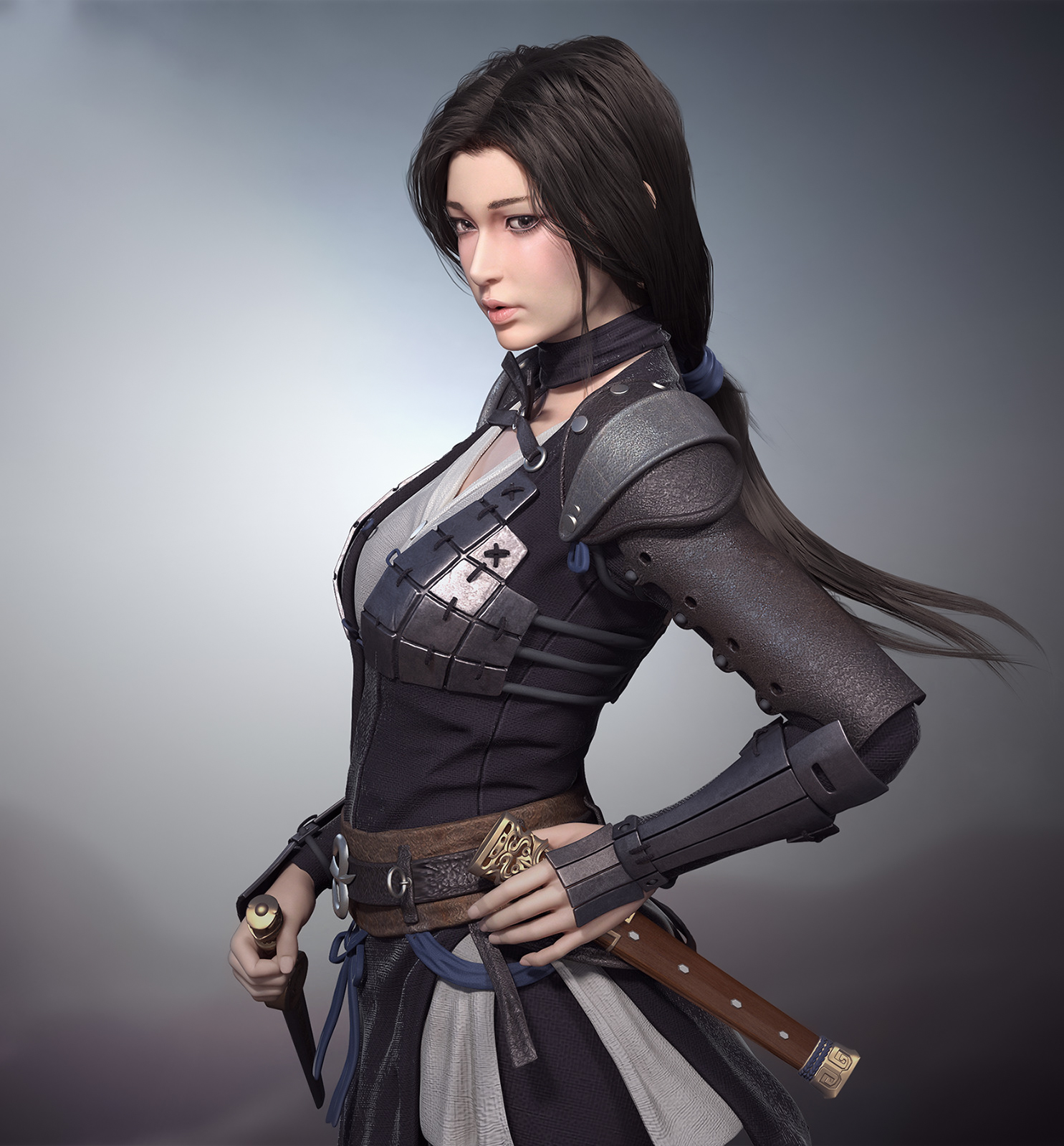 Lin Zhang CGi Women Brunette Asian Long Hair Leather Weapon Dagger Simple Background 1485x1600