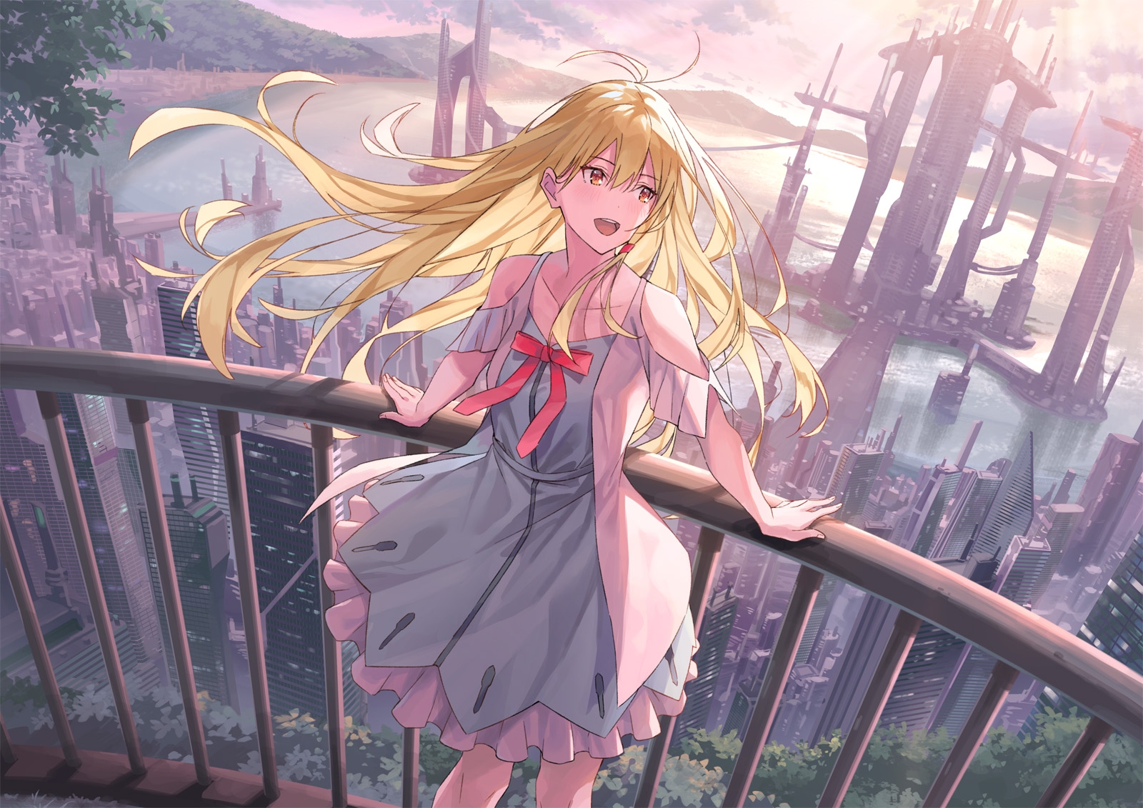 Anime Anime Girls Komizuki Original Characters Koh Rd Landscape Cityscape Dress Blonde Brown Eyes 1600x1131