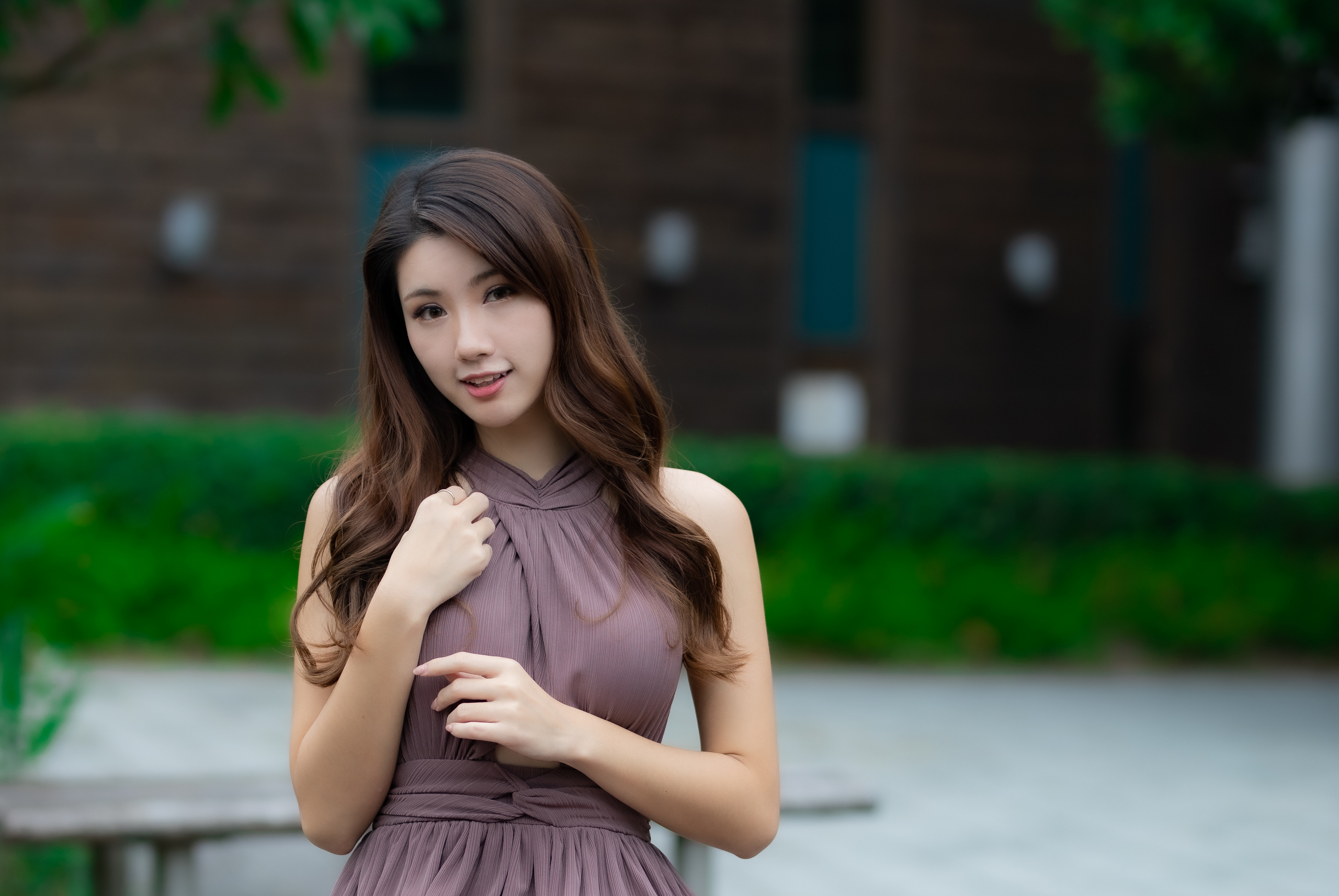Asian Model Women Long Hair Brunette Brown Dress Depth Of Field Bushes 2560x1713