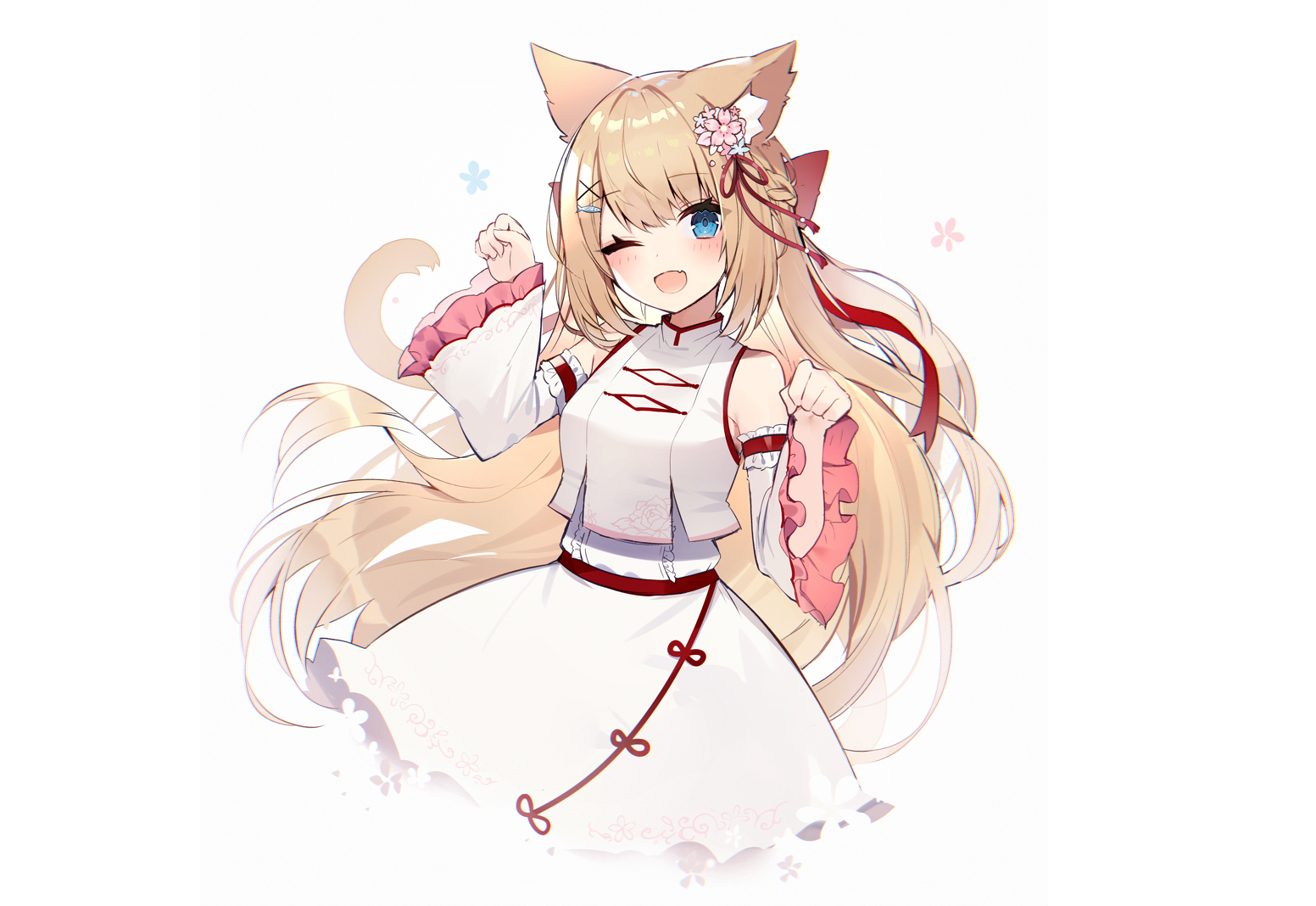 Hanazono Serena Long Hair Wink Animal Ears Cat Girl Blush Bow Braids Chinese Clothes Dress Fang Aqua 1552x1068