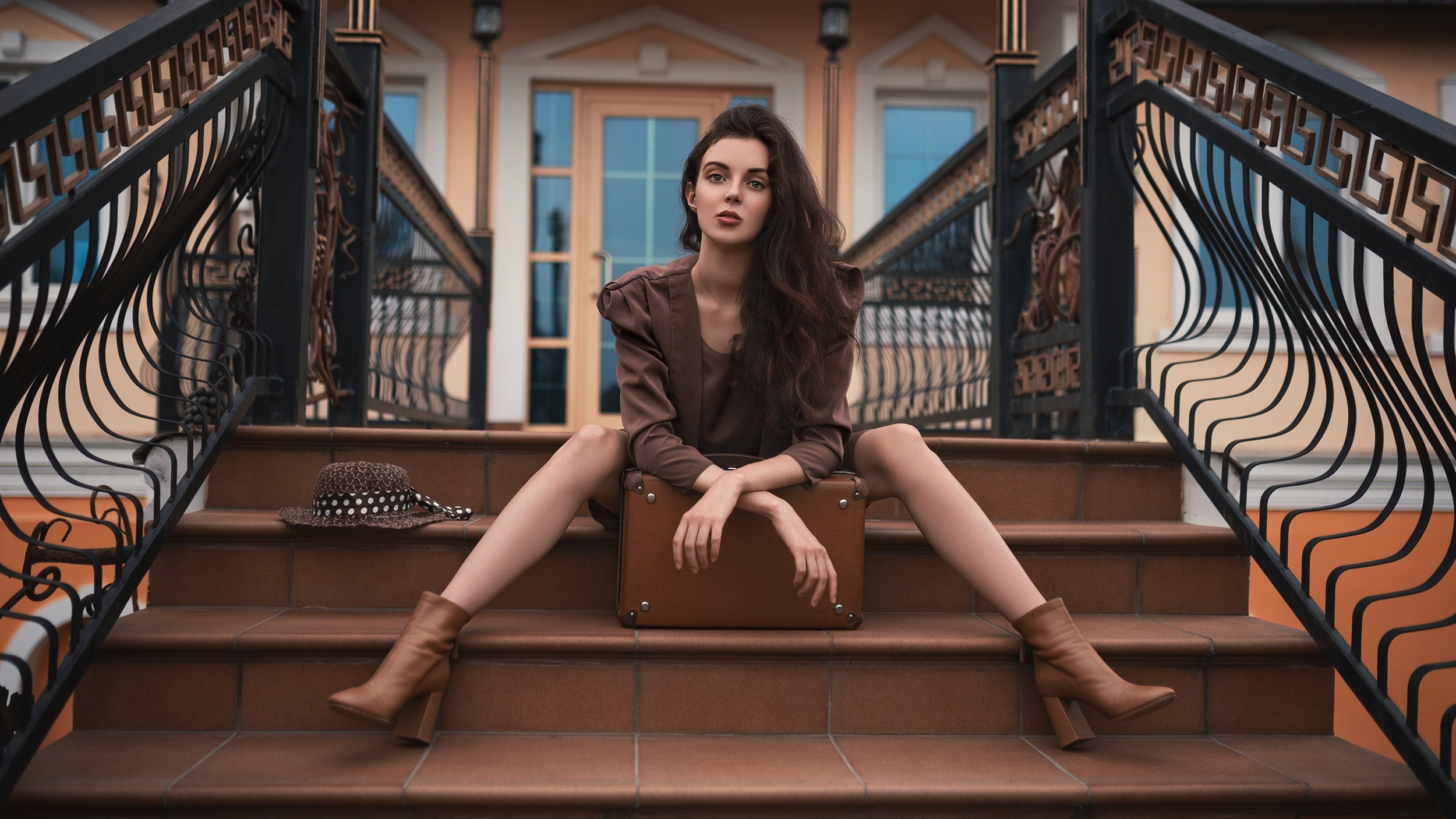 Oleg Demyanchenko Model Women Brunette Legs Jacket Hat Suitcase Stairs Ladder Sitting On The Floor L 2500x1406