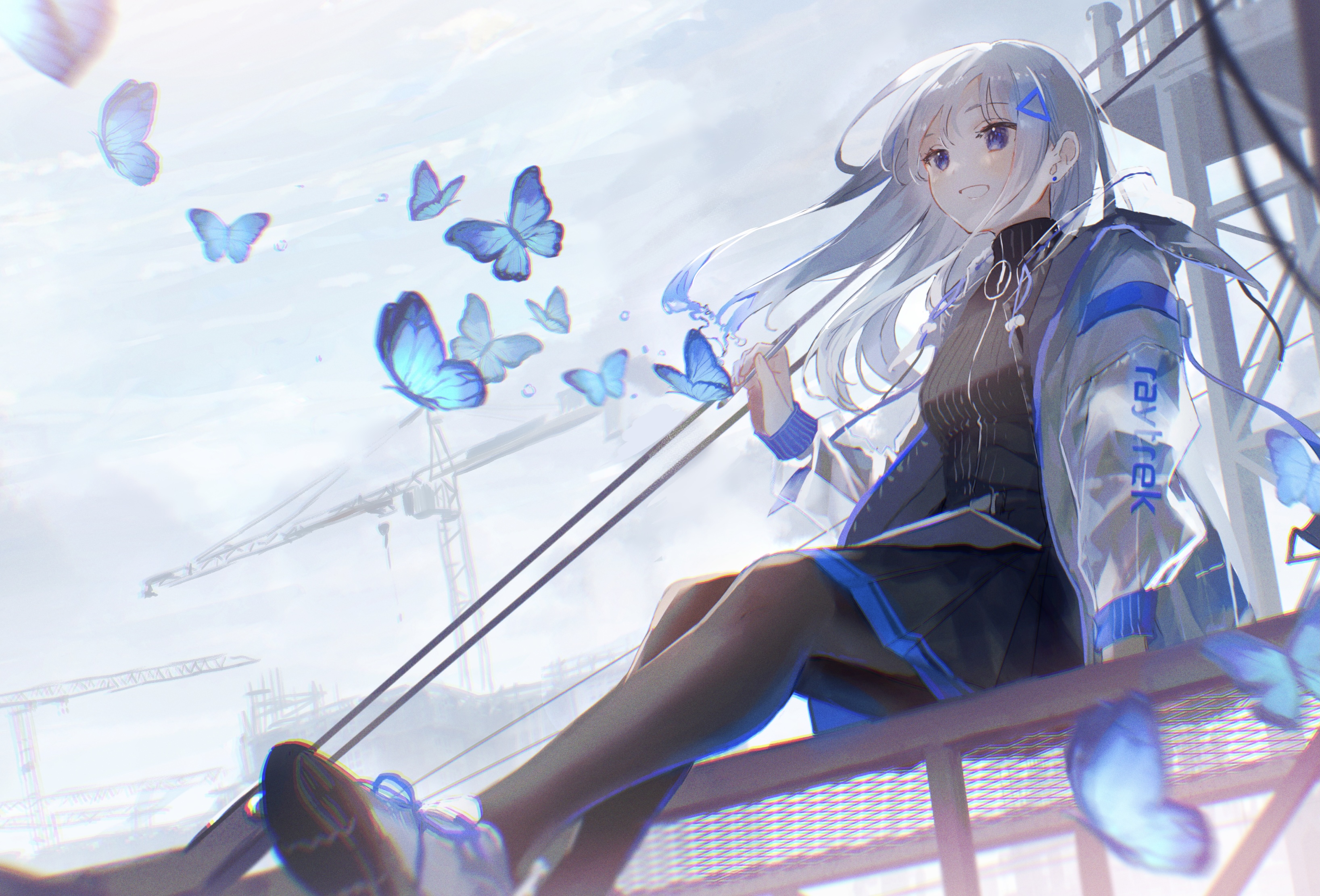 Anime Anime Girls Oyuyu Silver Hair Blue Eyes Grin Butterfly 3272x2222