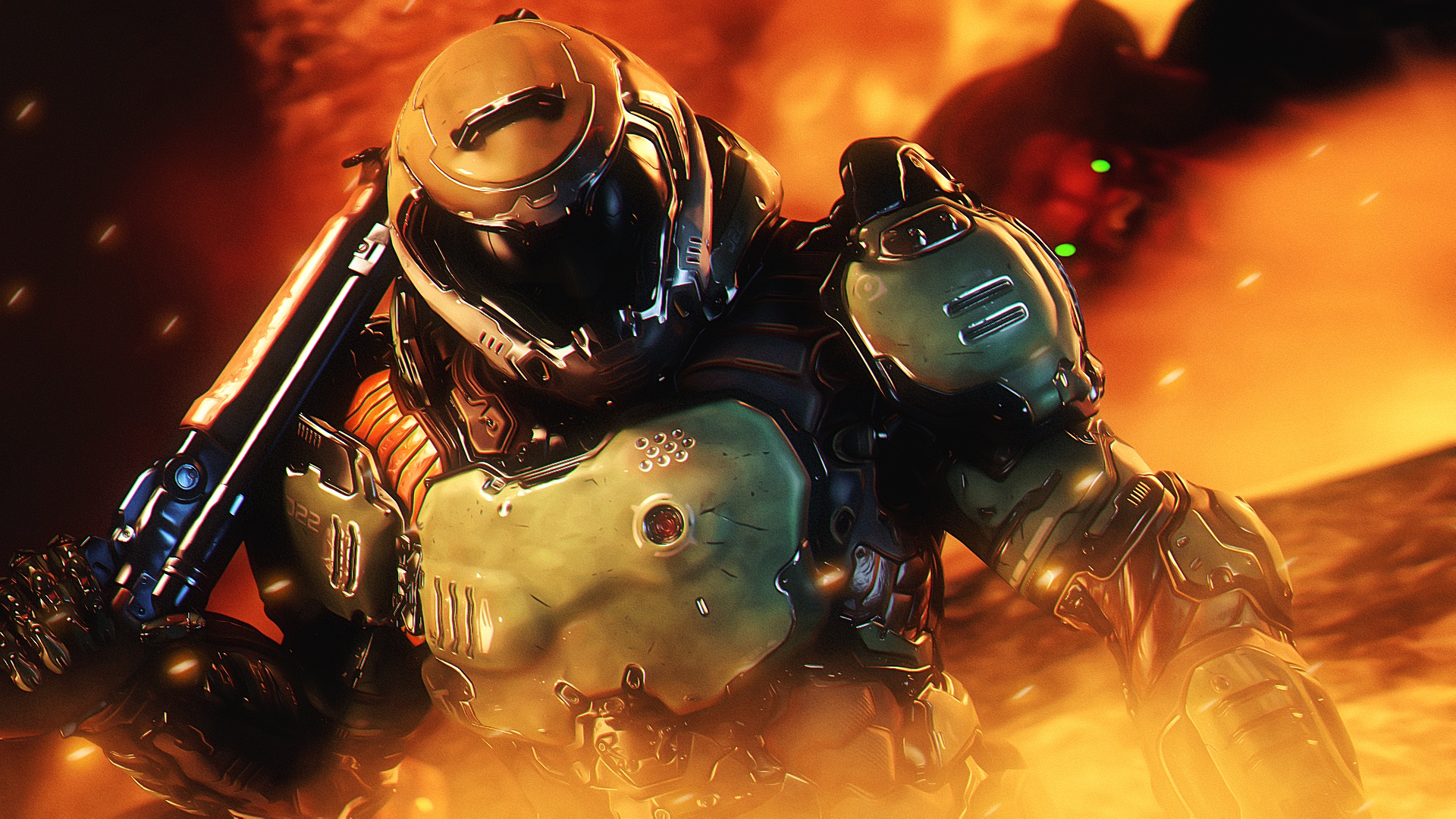 Bethesda Softworks Doom Guy Doom 2016 Video Game Characters Shotgun Fire Doom Slayer Screen Shot Arm 1920x1080