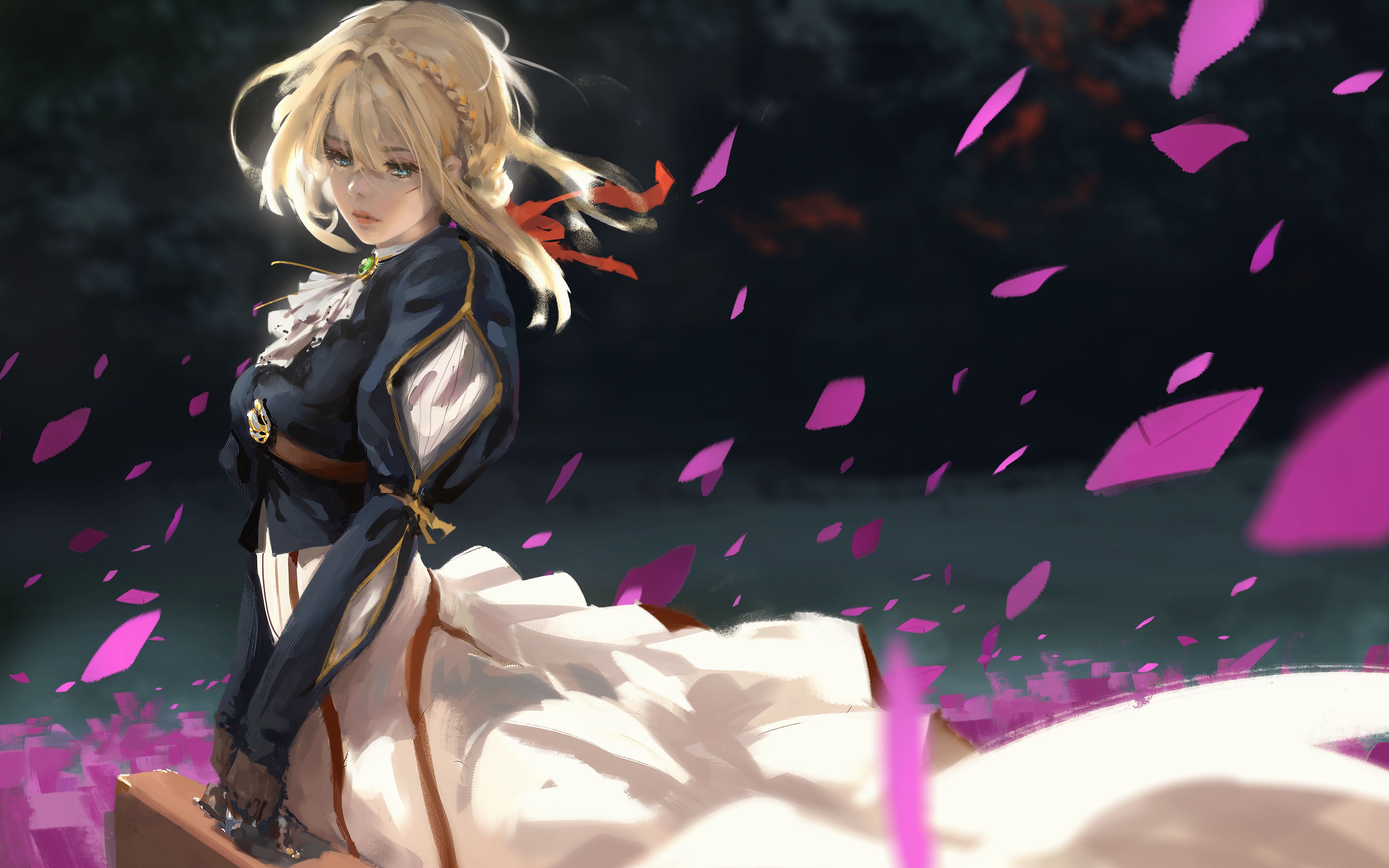 Anime Anime Girls Violet Evergarden Blue Eyes Suitcase Petals WLOP Long Hair Blond Hair 2D Skirt Lif 4352x2720