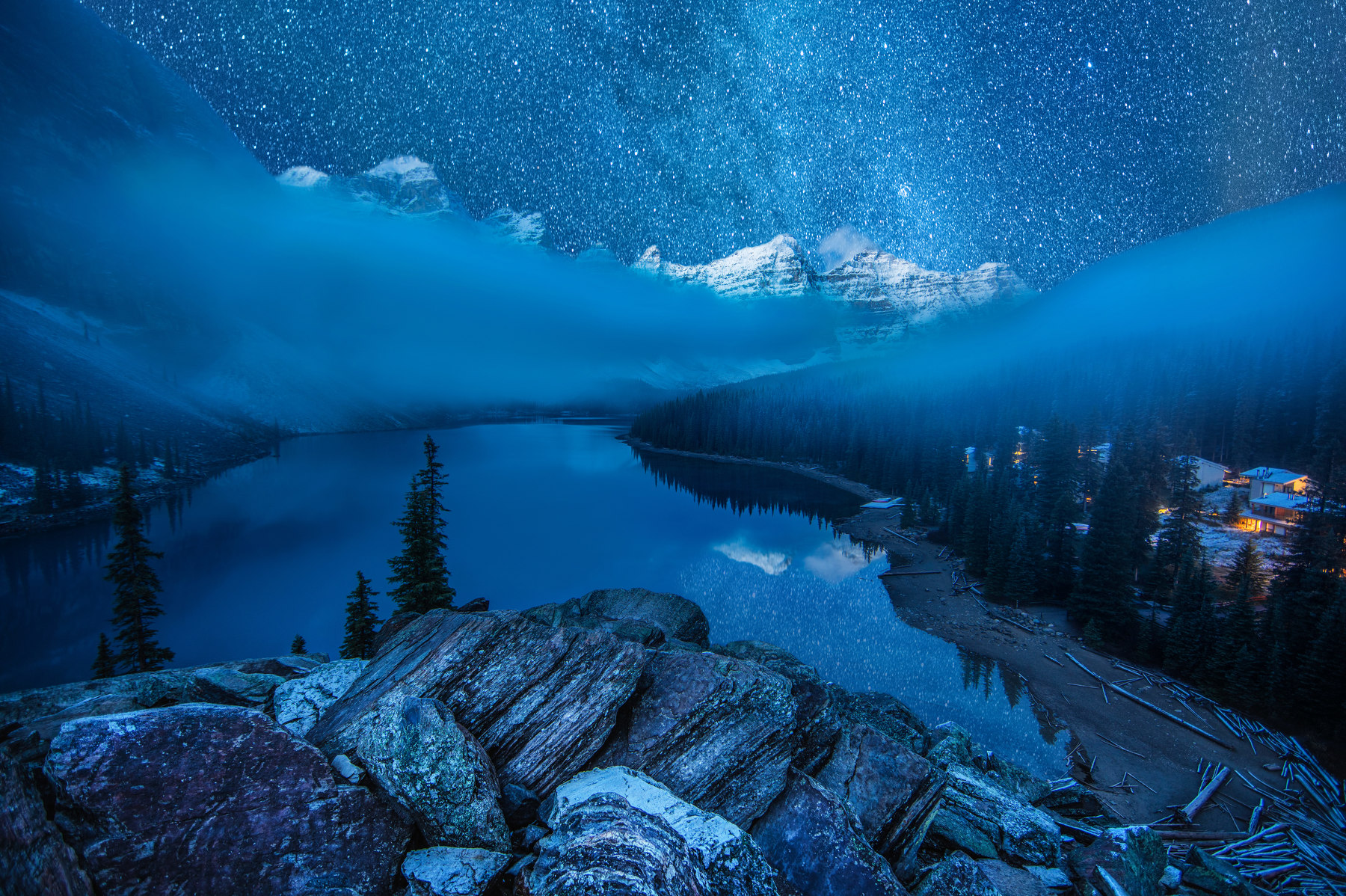 Canada Fog Forest Lake Moraine Lake Night Snow Starry Sky Stars Winter 1800x1198