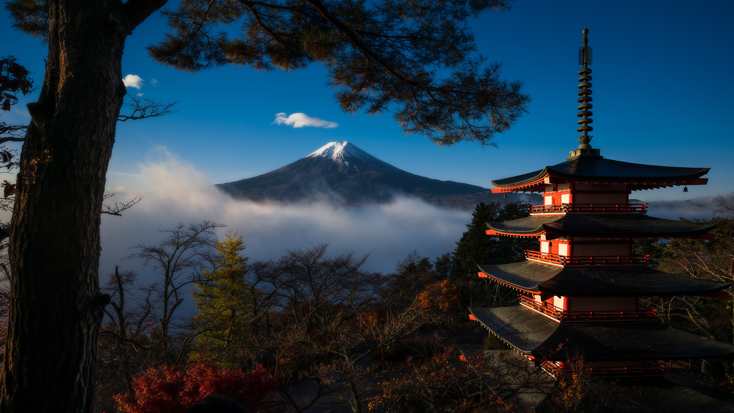 Nature Landscape Japan Pagoda Mountains Mount Fuji Trees 3000x1688