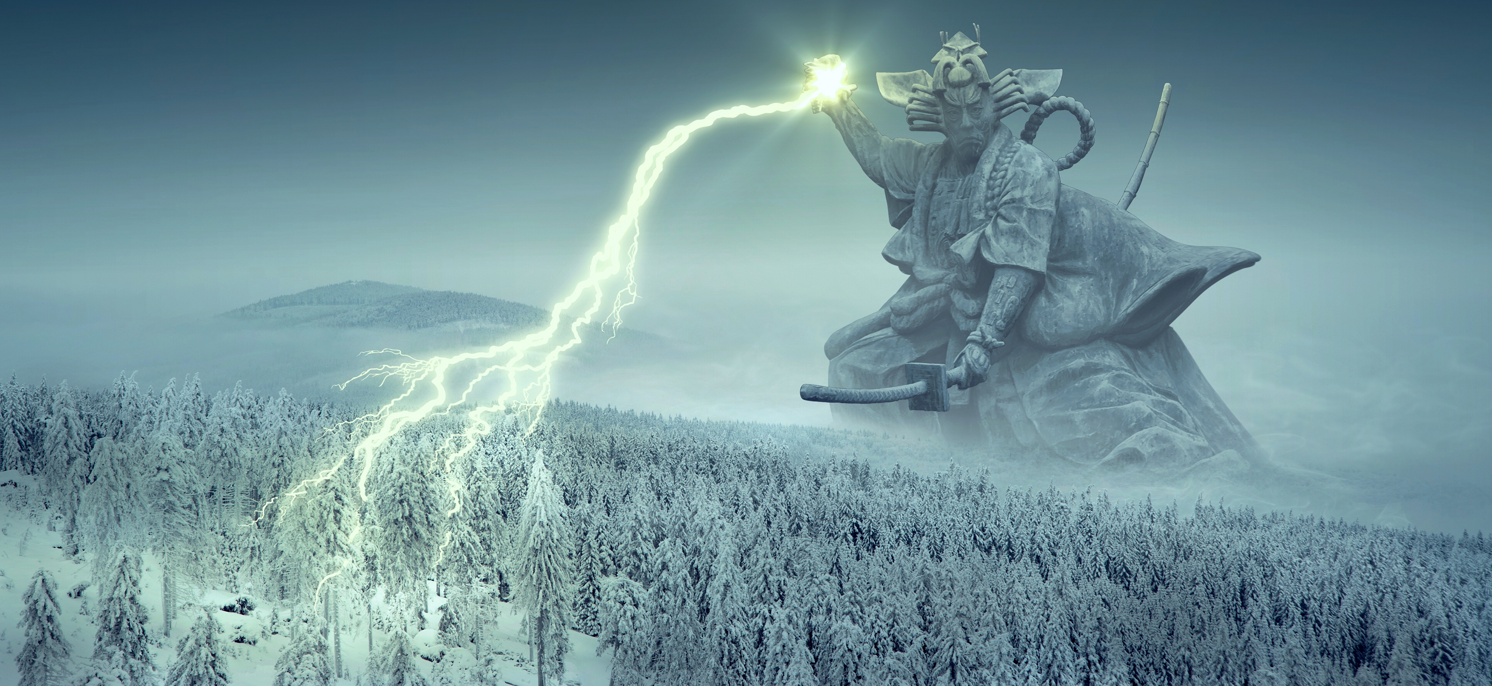 Forest Giant Lightning Samurai Warrior Winter 2937x1350