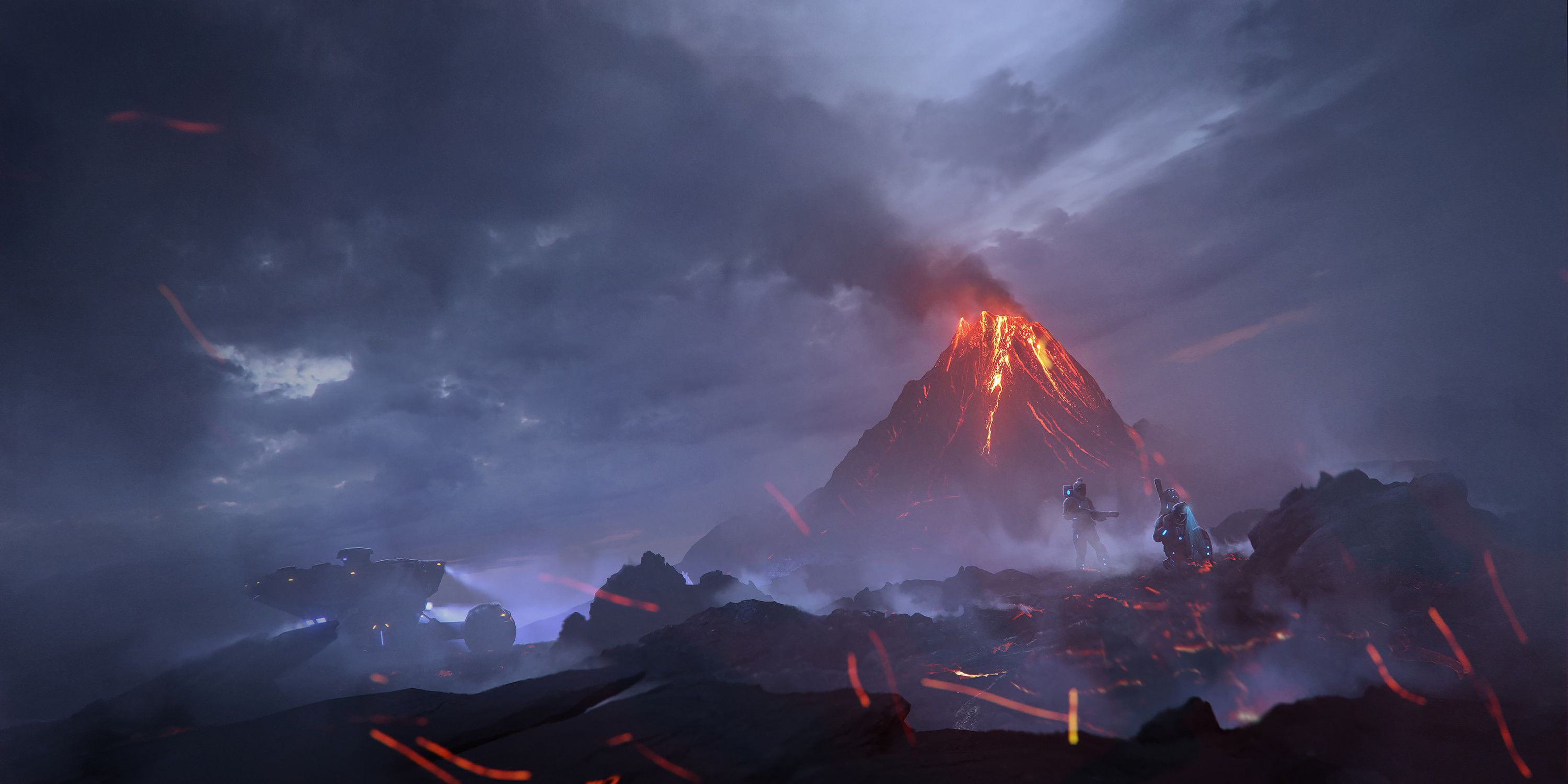 Digital Art Science Fiction Artwork Planet Landscape Volcano Sky 3000x1500