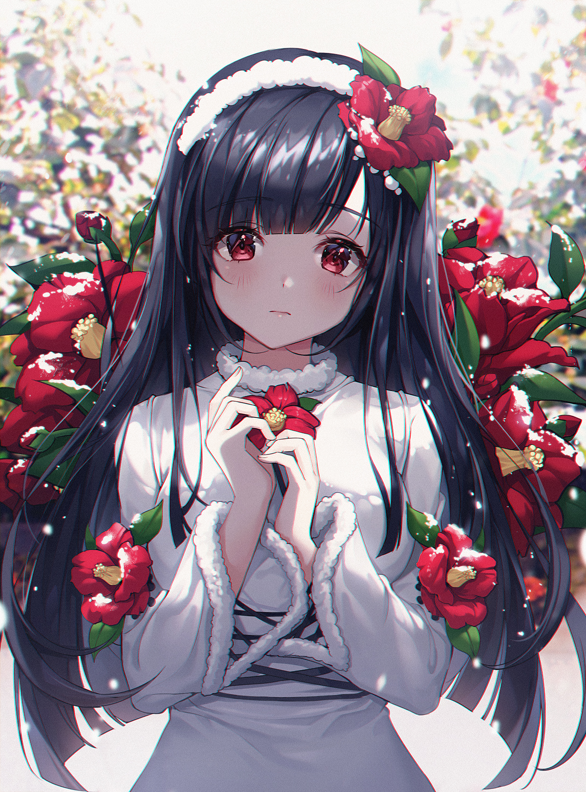 Ttosom Anime Anime Girls Red Eyes Black Hair Vertical Bangs Flowers 1200x1621