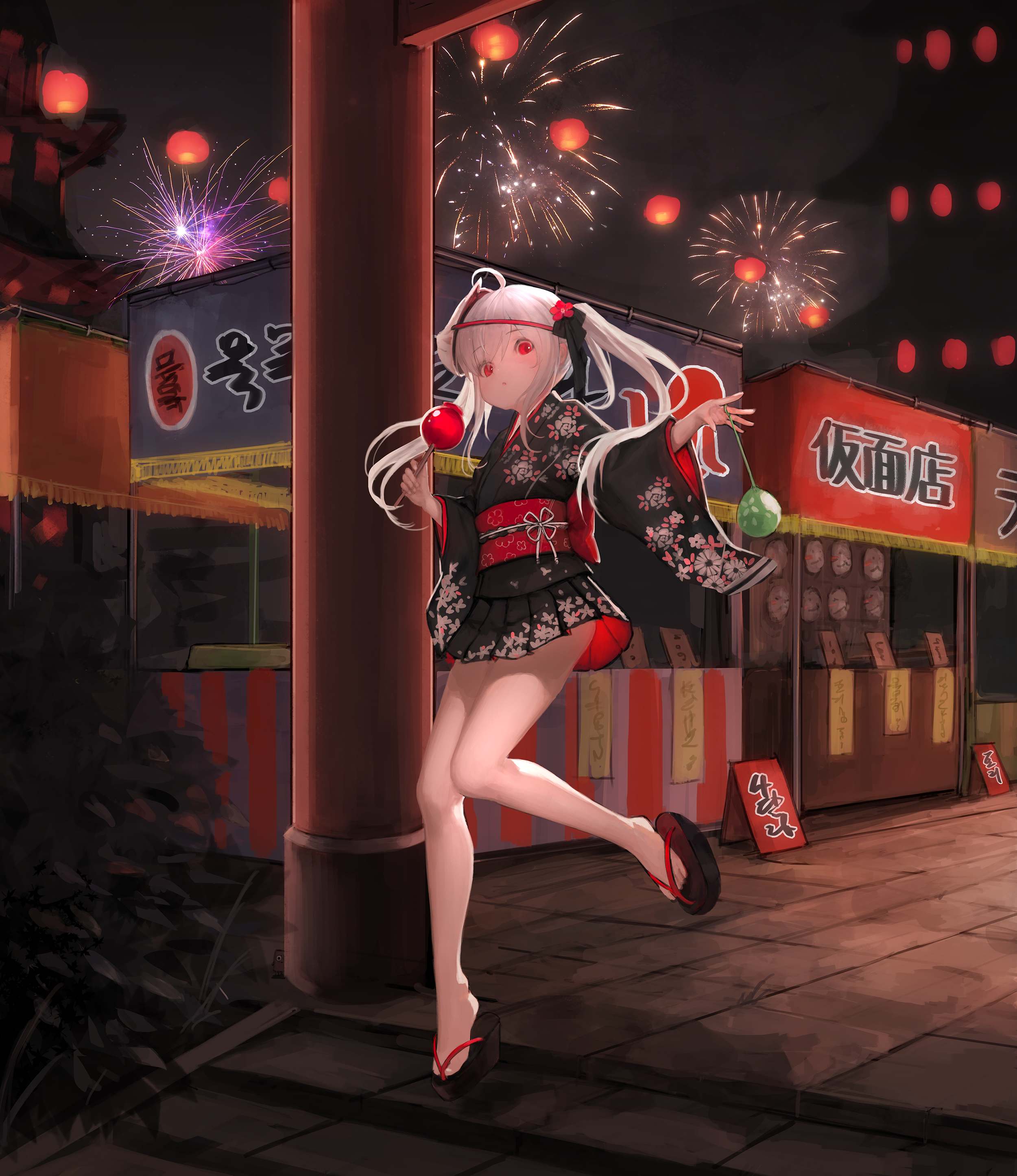 Egk513 Portrait Display Anime Girls Fireworks Japanese Clothes Red Eyes White Hair Twintails 2500x2892