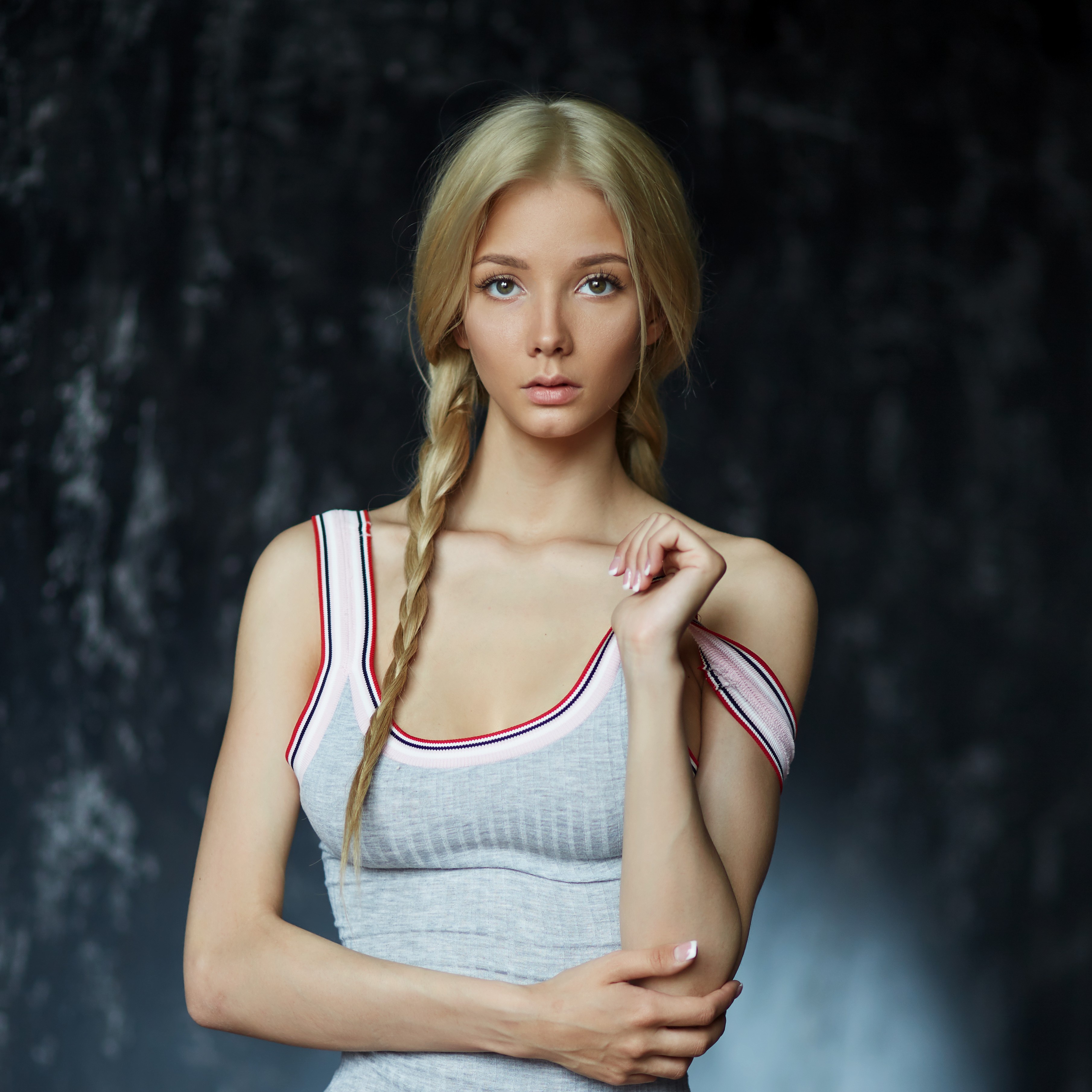 Dmitriy Lobanov Model Women Blonde Braids Green Eyes Mouth Lips Tank Top Bare Shoulders Parted Lips  3620x3620