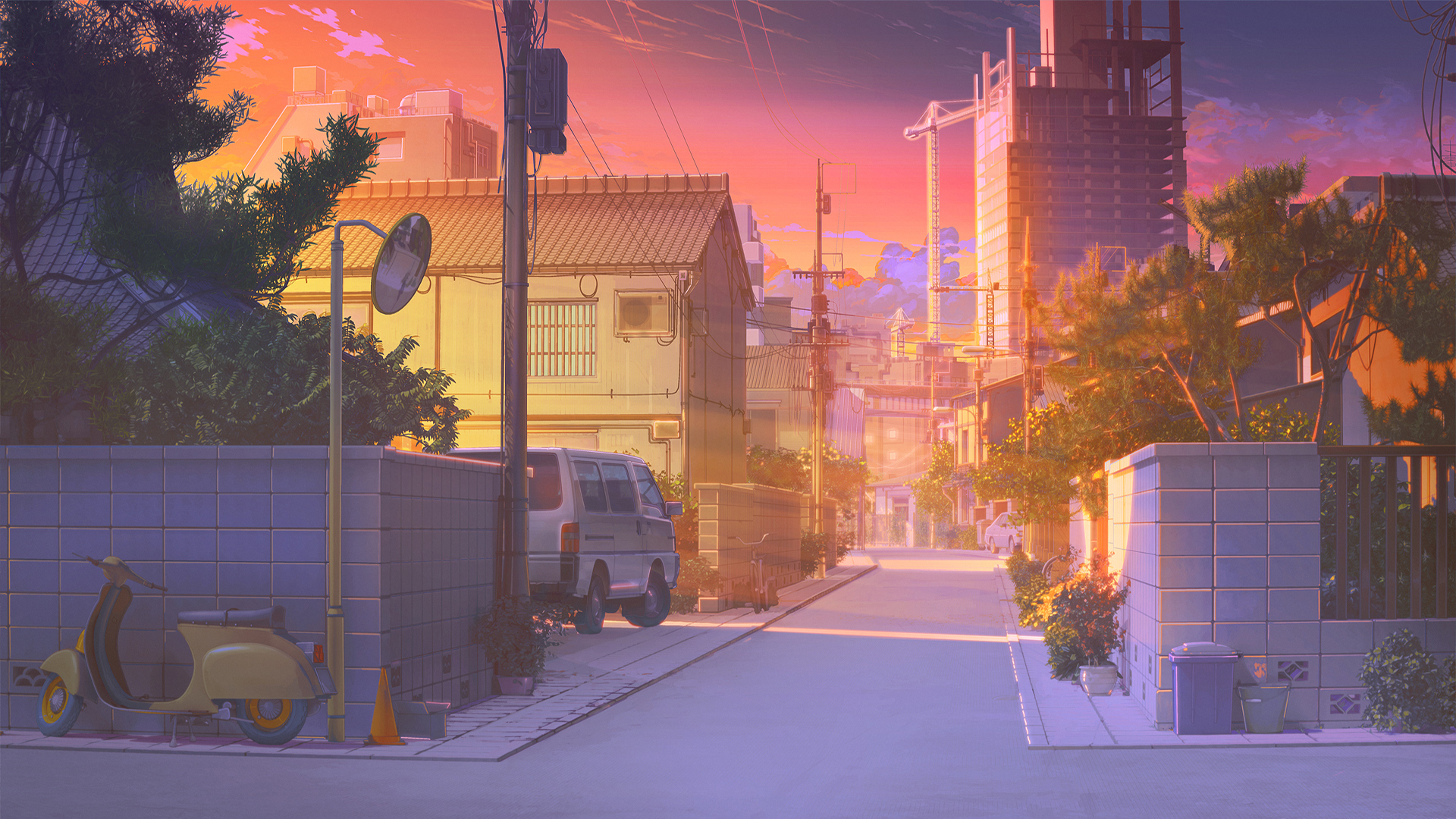 Background Art Anime Landscape Street Sky Clouds Light Effects Sunlight Building Scooters ArseniXC L 1920x1080