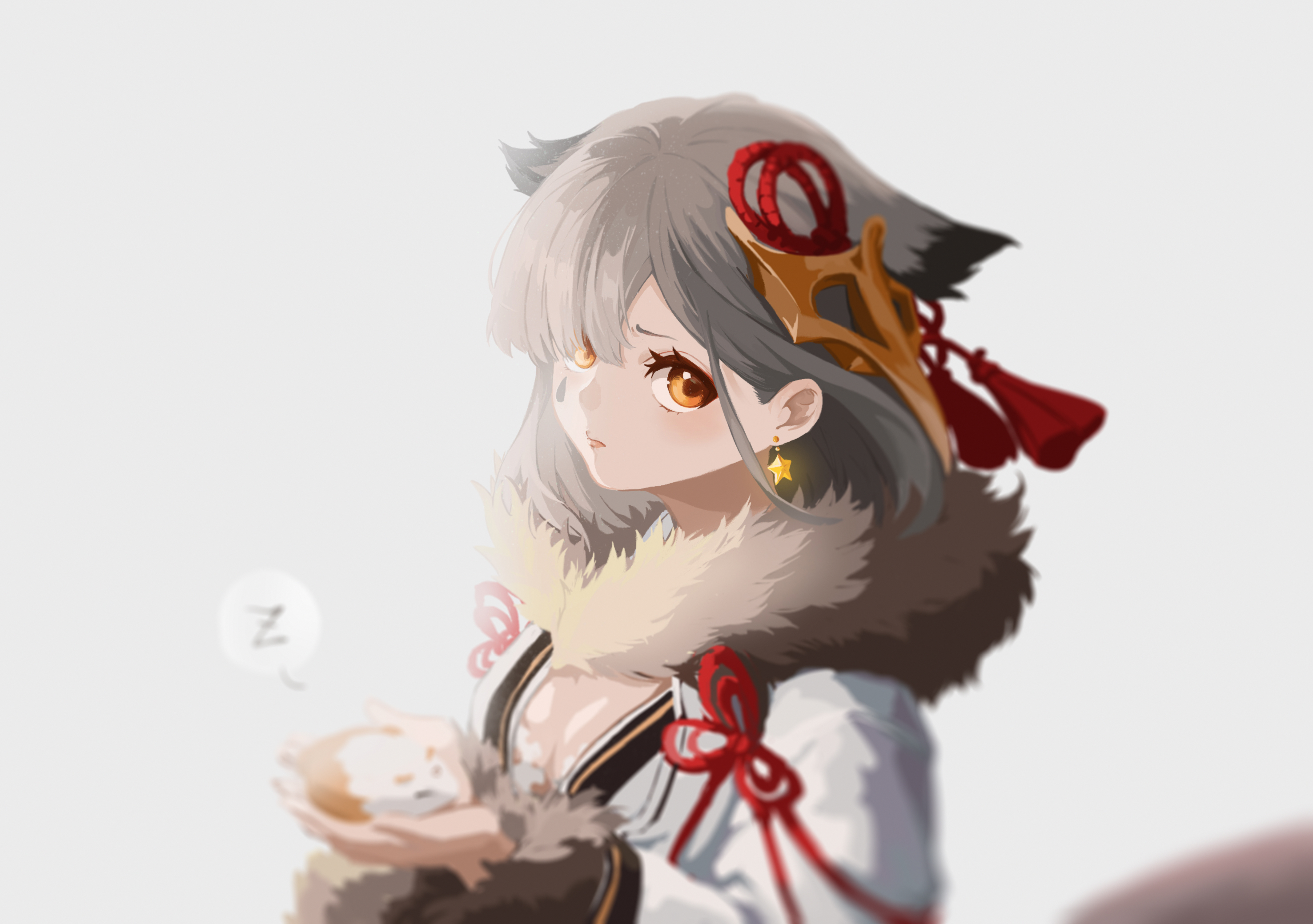 Anime Anime Girls Gray Hair Yellow Eyes Hamster Earring Fur White Background Kimono Animal Ears Azur 2953x2079