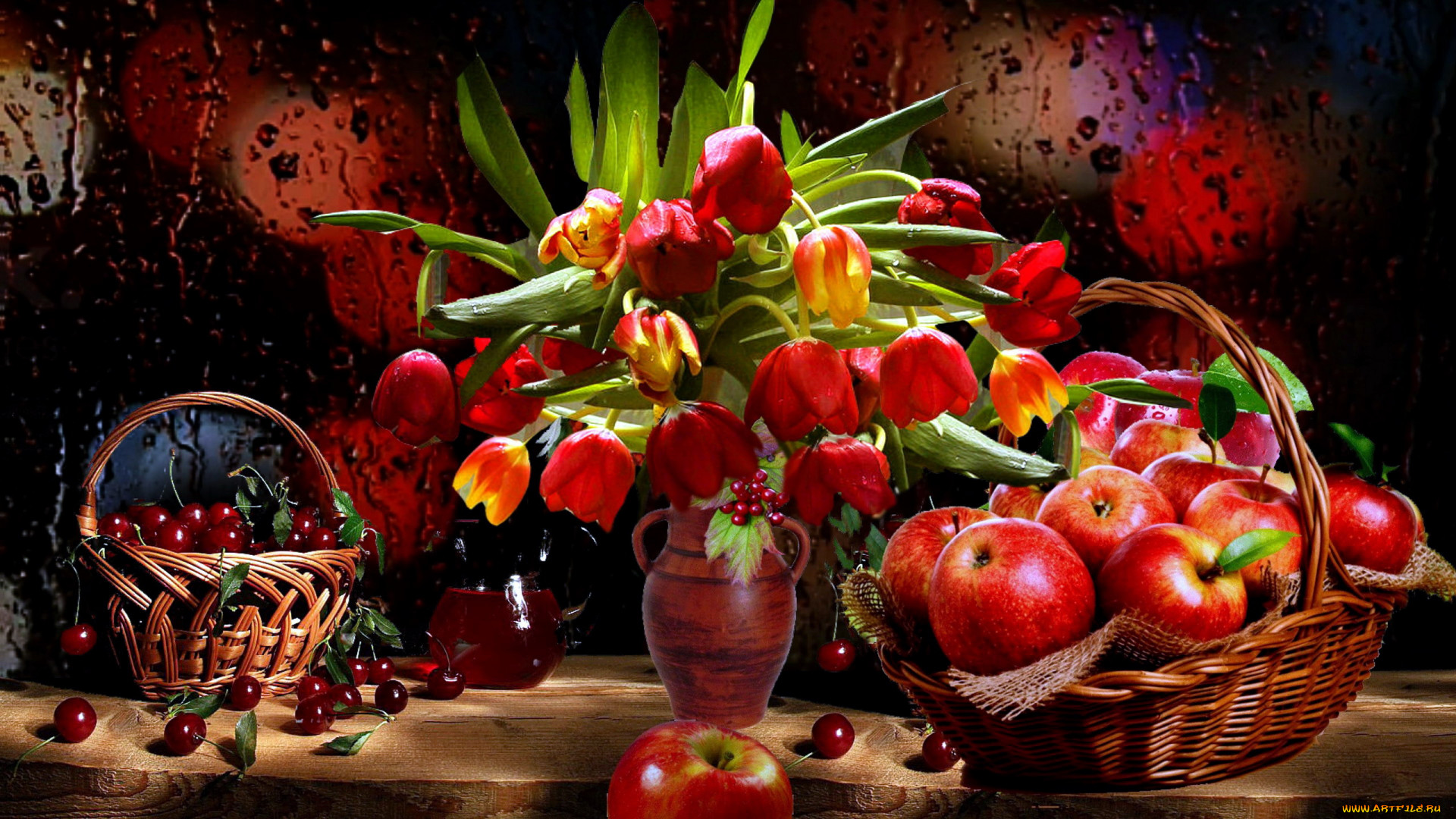 Still Life Food Fruit Flowers Plants Apples Berries Cherries Tulips 1920x1080
