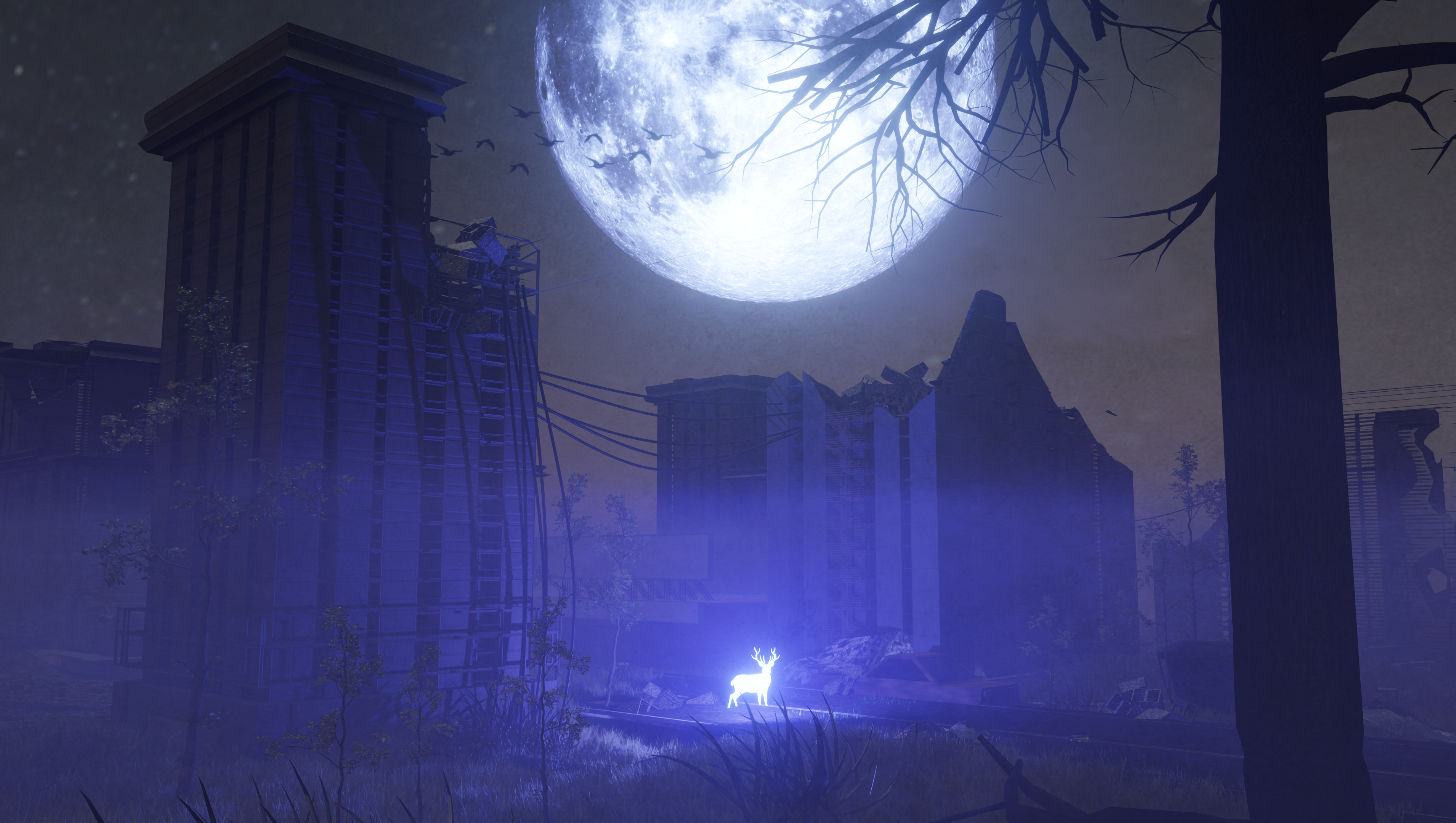 Night Blue Deer Moon Apocalyptic Post Apocalypse City Mist 3820x2160