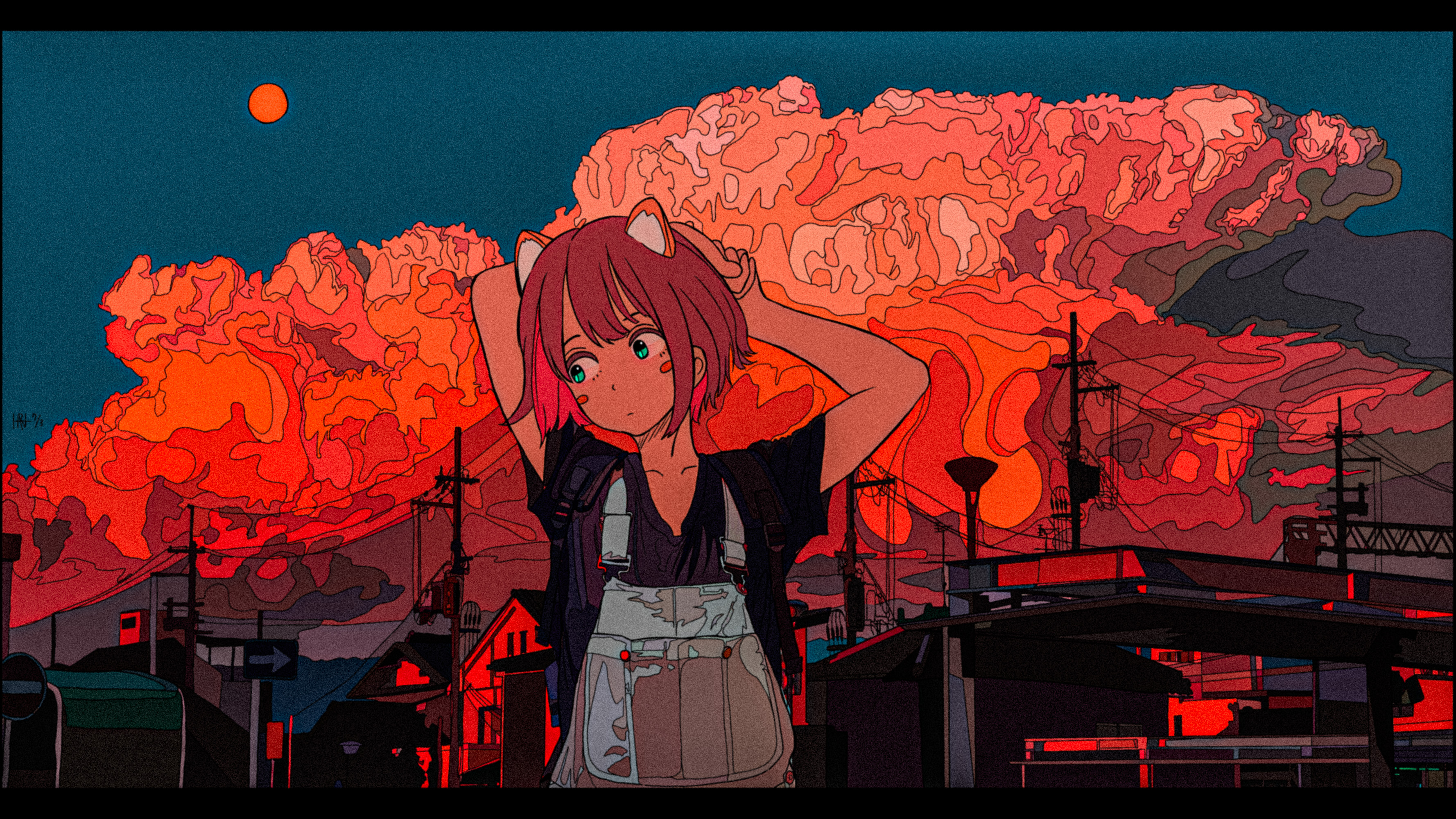 Anime Anime Girls Animal Ears Sunset Redhead Green Eyes Backpacks Clouds Building Sky Pillar Road Si 3556x2000