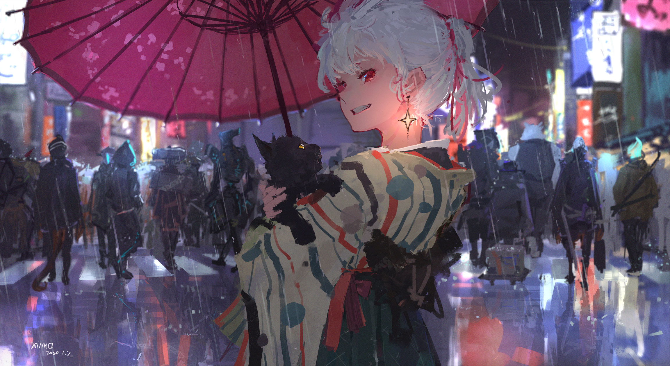 Anime Anime Girls Black Cats Umbrella Kimono XilmO 2304x1260