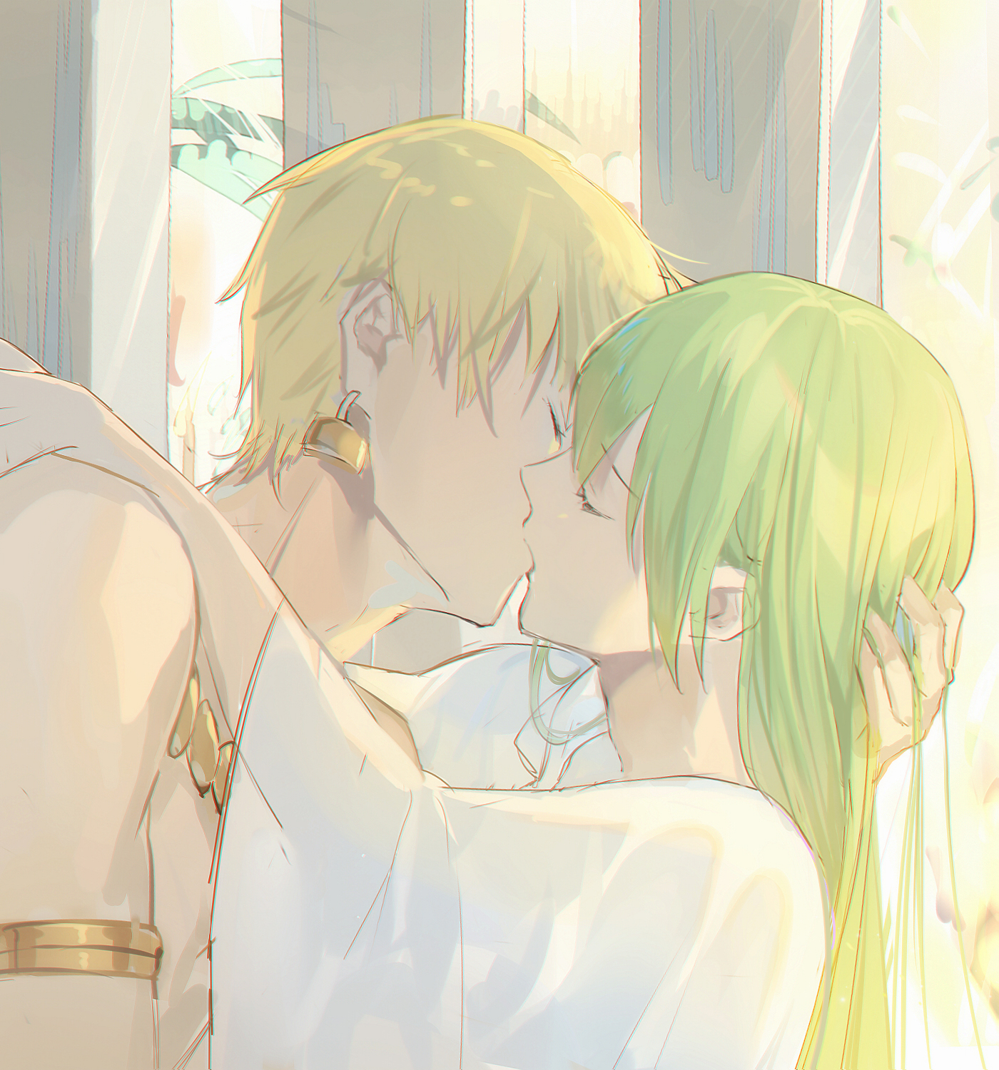 Fate Series FGO Fate Grand Order Yaoi Hugging Couple Anime Boys Kissing Femboy Bare Shoulders 2D Ani 1400x1500