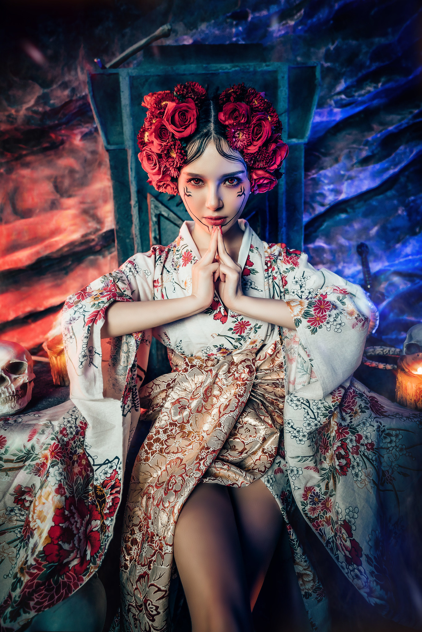 Asian Women Model Sitting Looking At Viewer Flower Crown Dark Hair Red Eyes Makeup Legs Red Lipstick 1365x2047