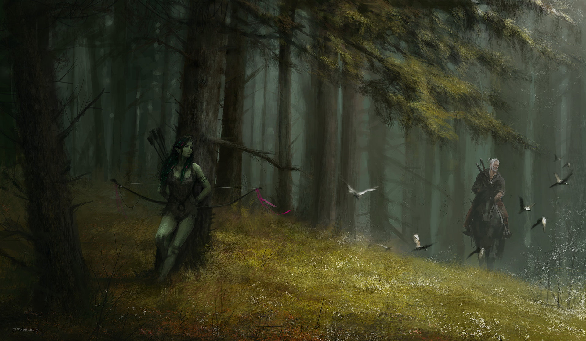 Bow Elf Forest Geralt Of Rivia Horse The Witcher Warrior Woman Warrior 1920x1118