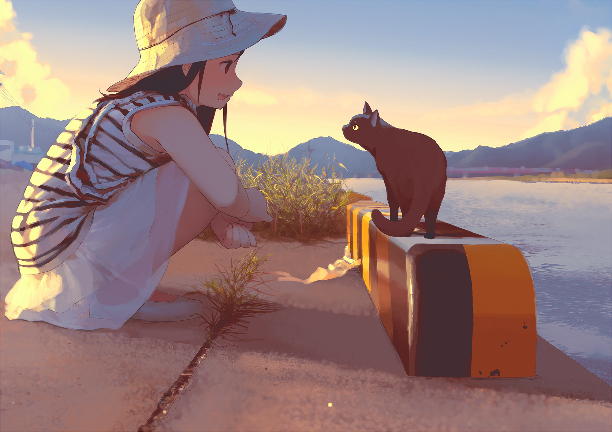 Anime Girls Anime Cats Hat Dress Brunette Sky River Clouds 2000x1412