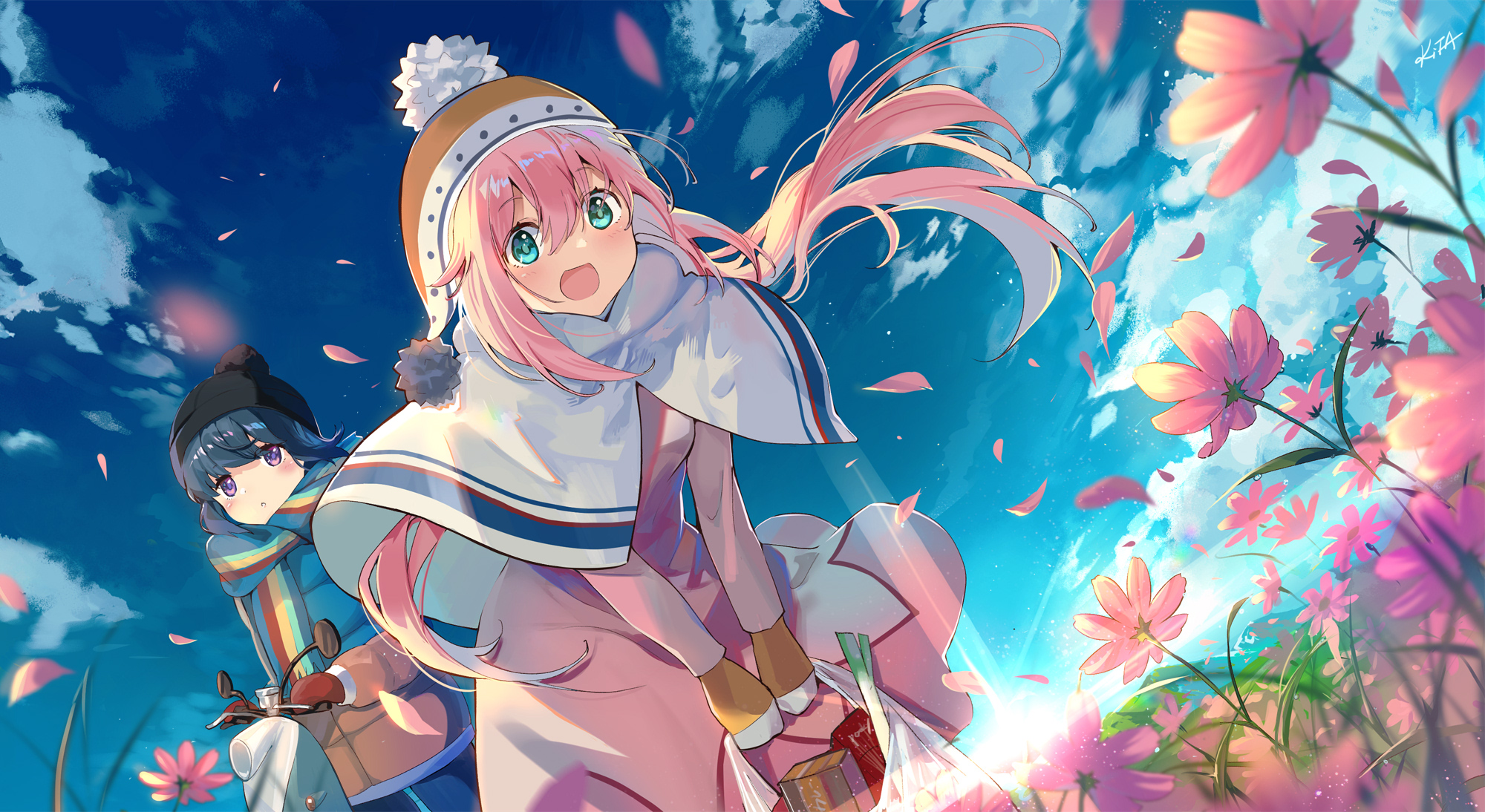 Flower Girl Laid Back Camp Long Hair Nadeshiko Kagamihara Pink Hair Rin Shima 2000x1094