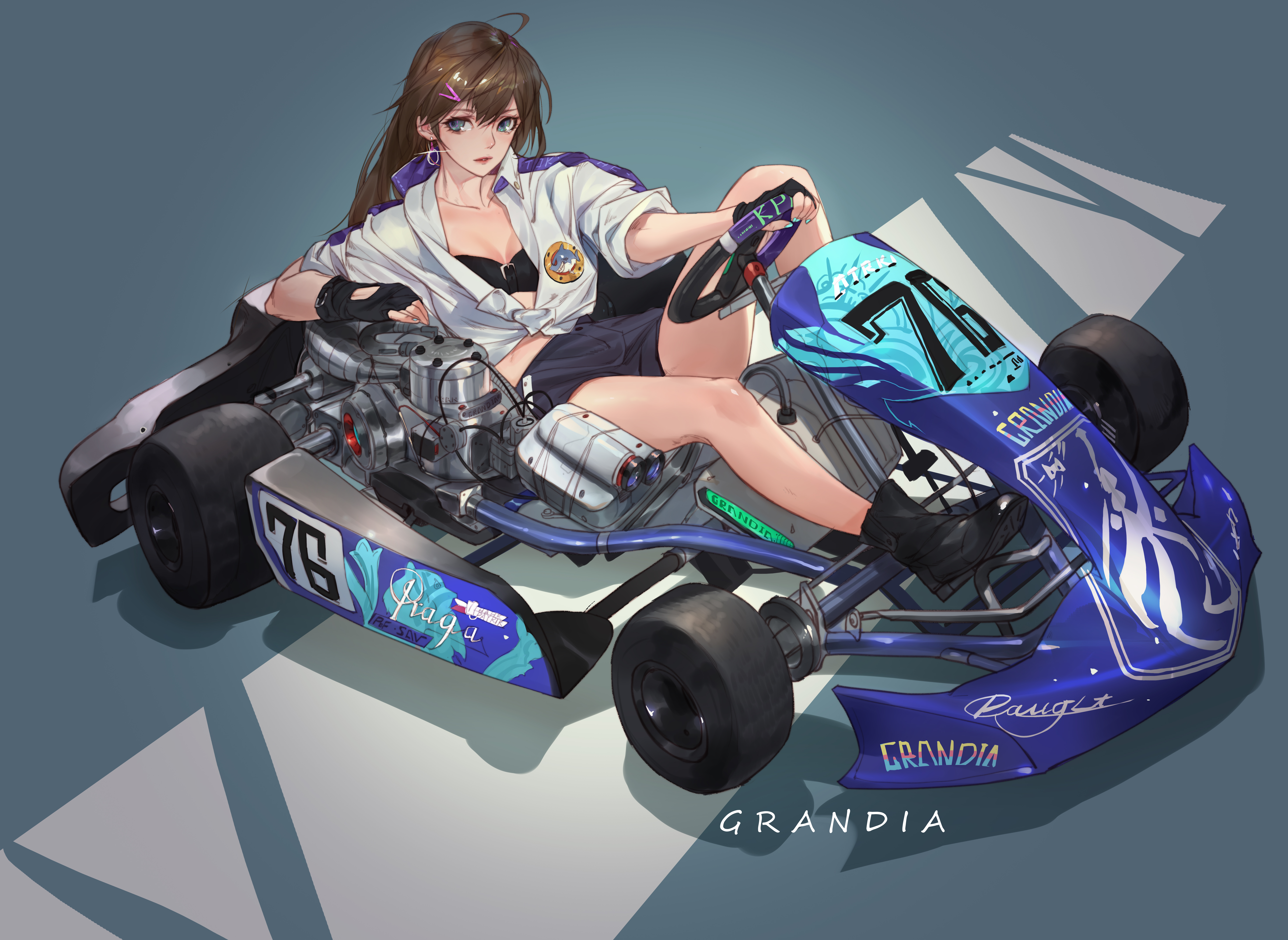 Kart Simple Background Vehicle Anime Anime Girls Brunette Legs Women With Cars Car Numbers Looking A 7360x5371