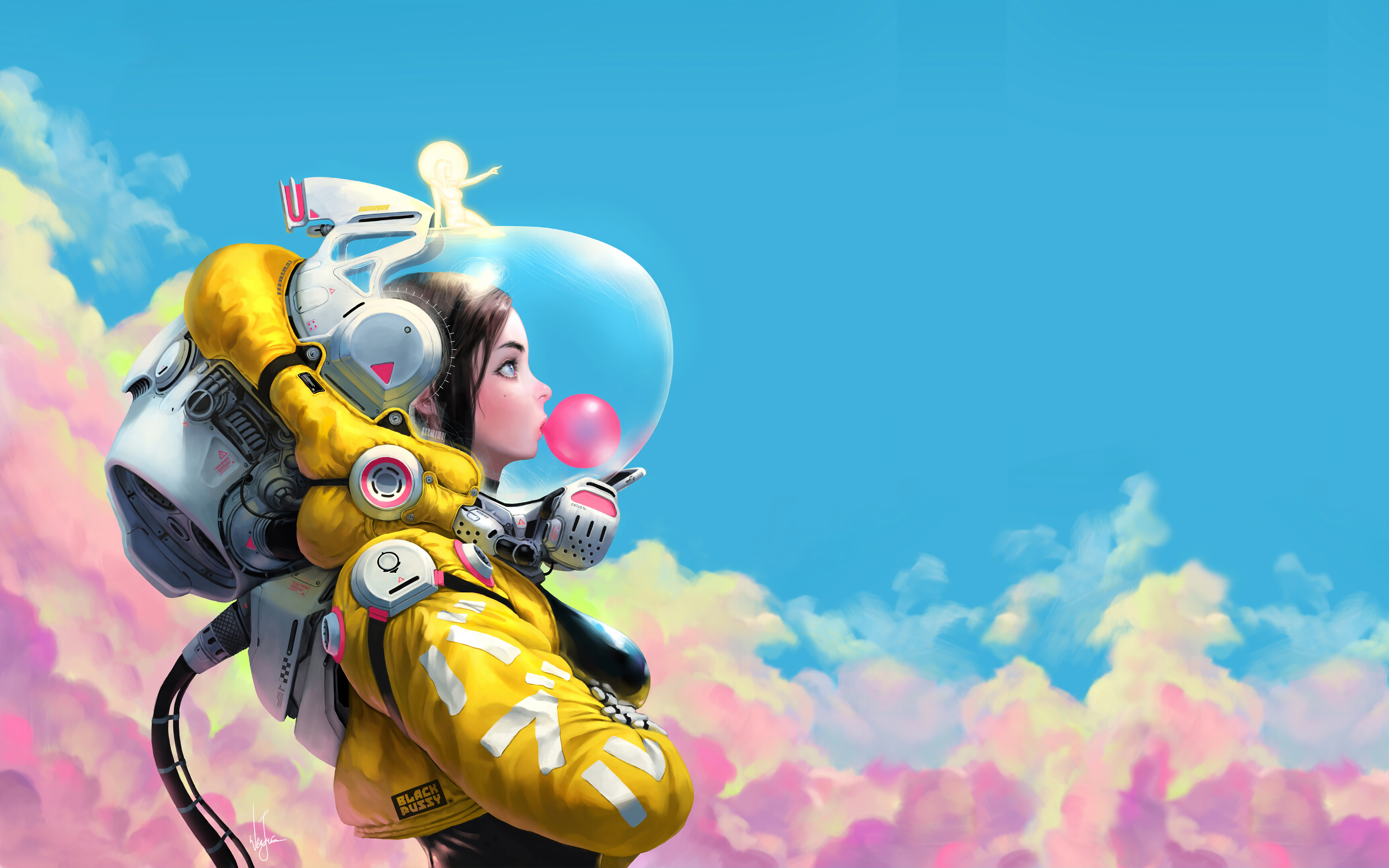 Astronaut Spacesuit Bubble Gum Clouds Digital Sky 8320x5200