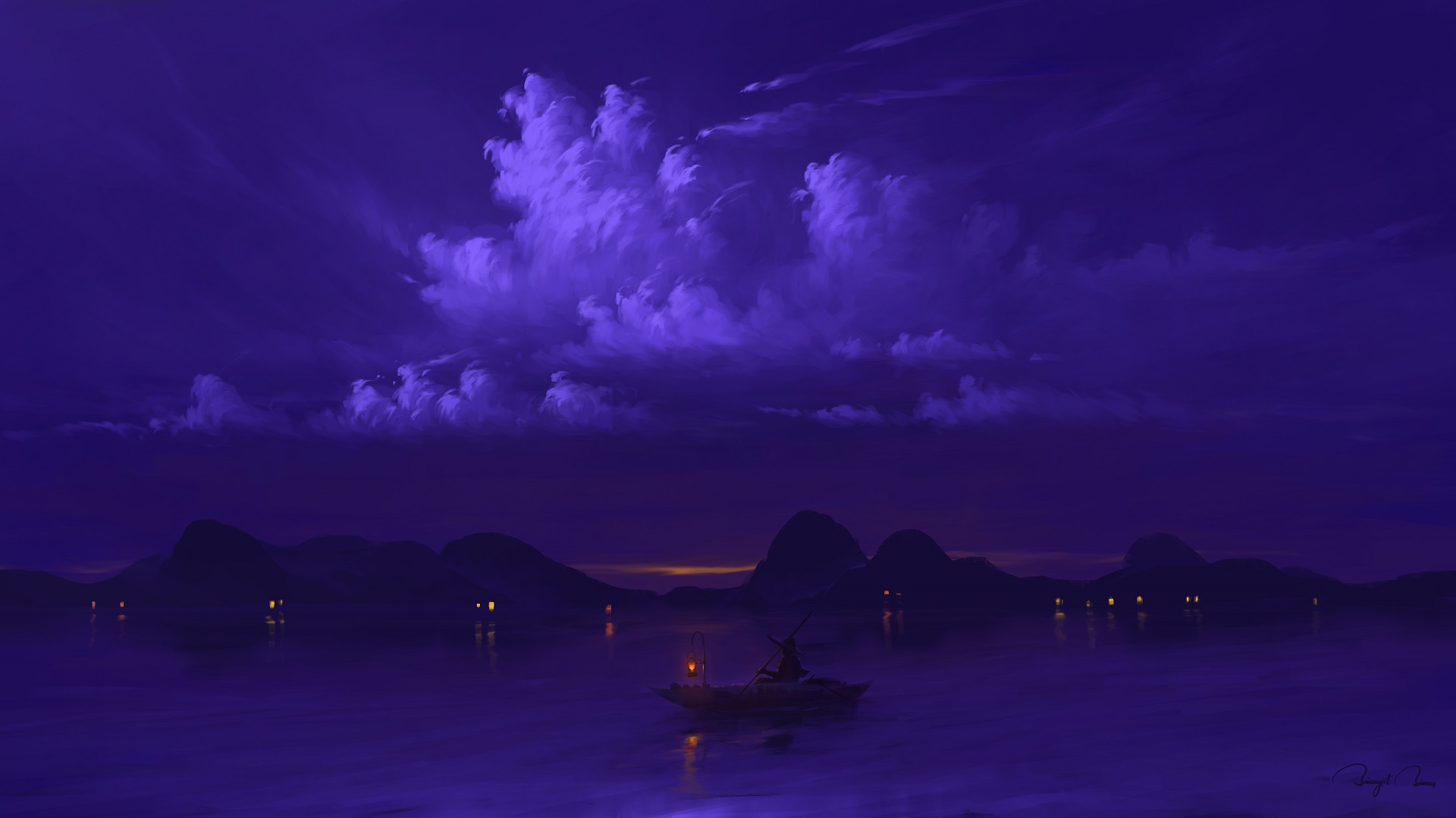 Digital Art Night Sky Water Boat Lantern BisBiswas 1920x1080