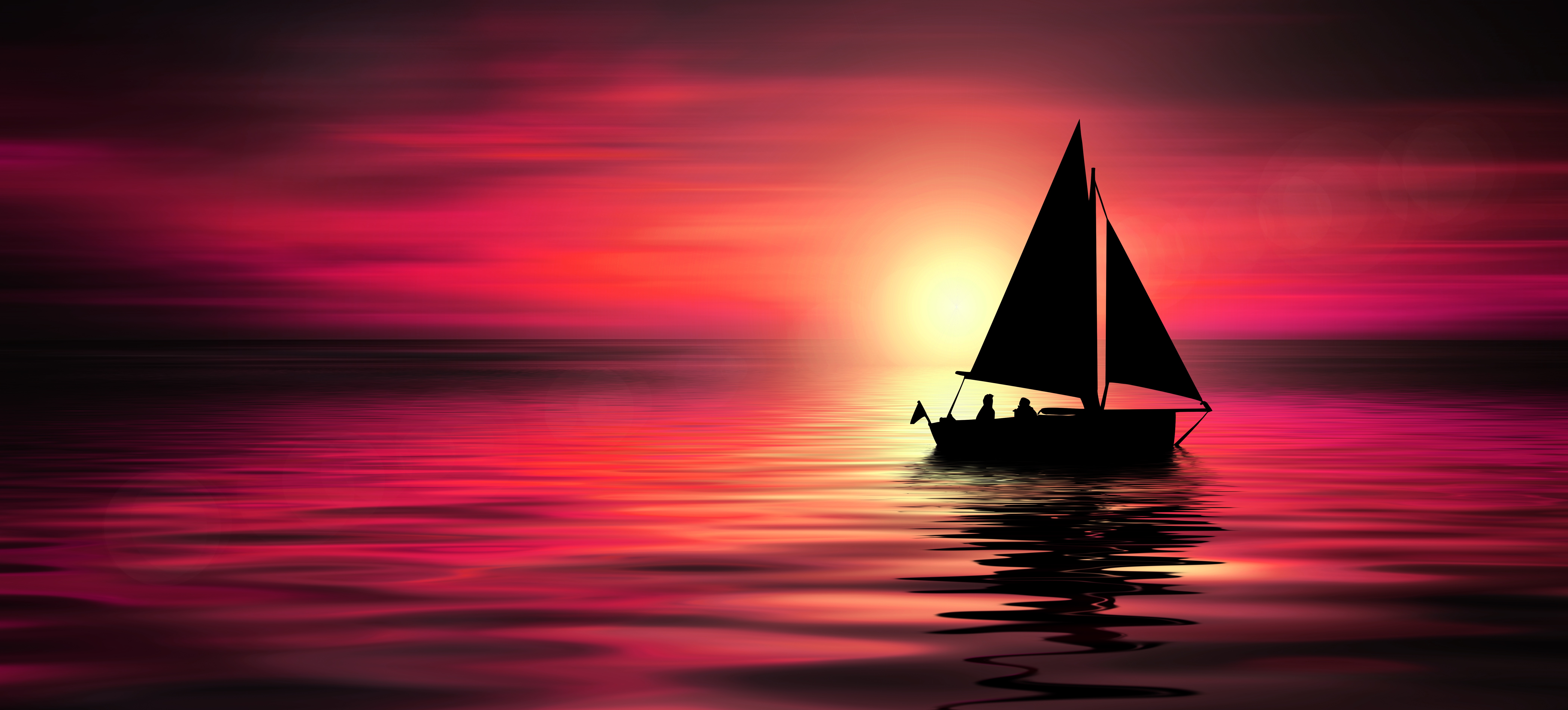 Artistic Purple Sailboat Sun Sunset 8400x3807