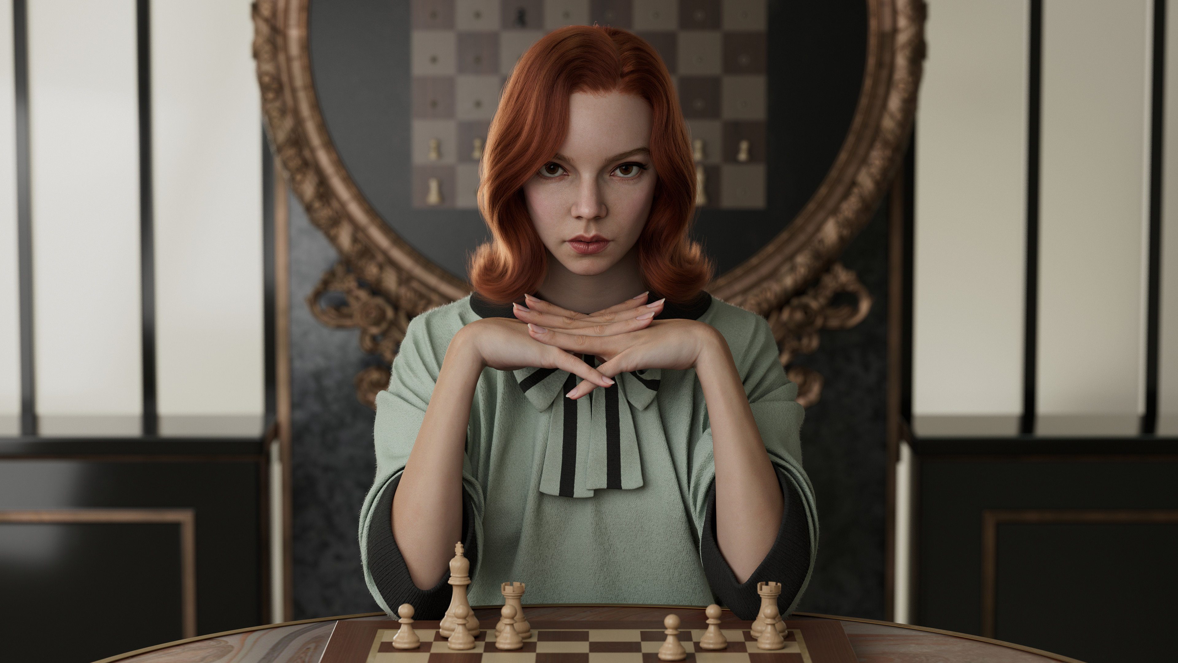 ArtStation Redhead Looking At Viewer Chess Digital Art Digital Painting Beth Harmon Fan Art Artwork  3839x2160