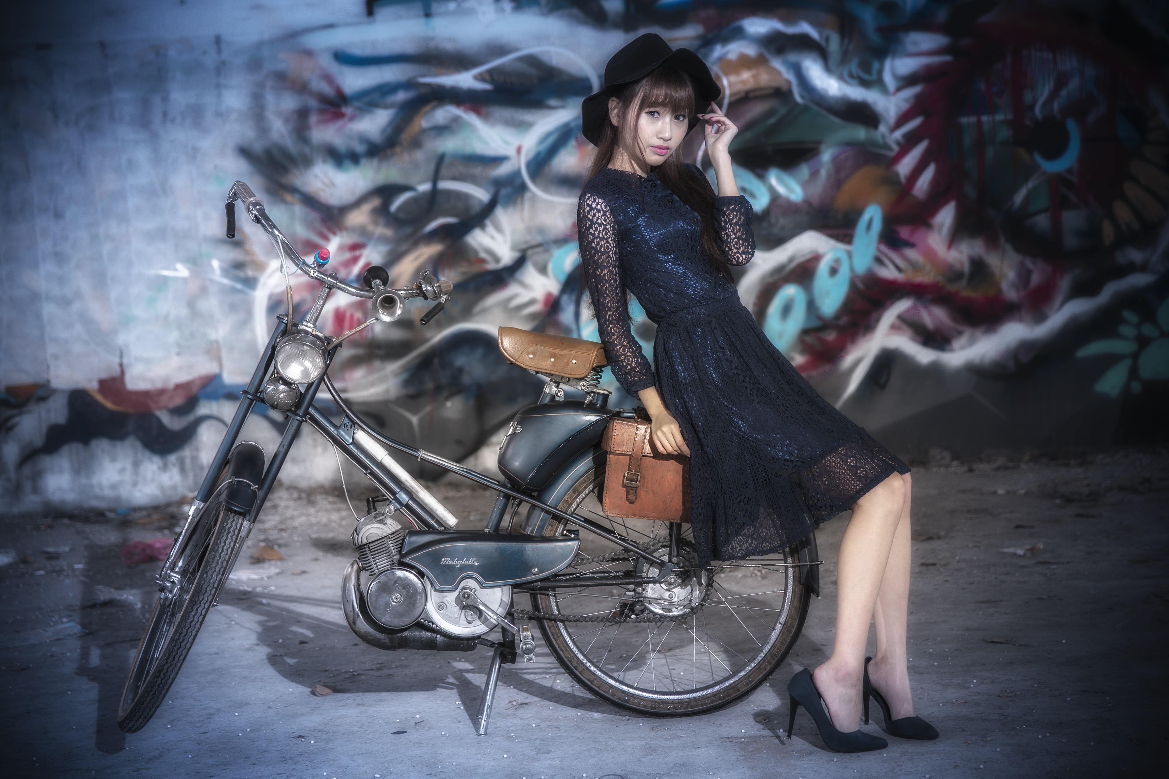 Asian Model Women Long Hair Brunette Bicycle Black Dress Black Heels Graffiti Wall Hat 3840x2560