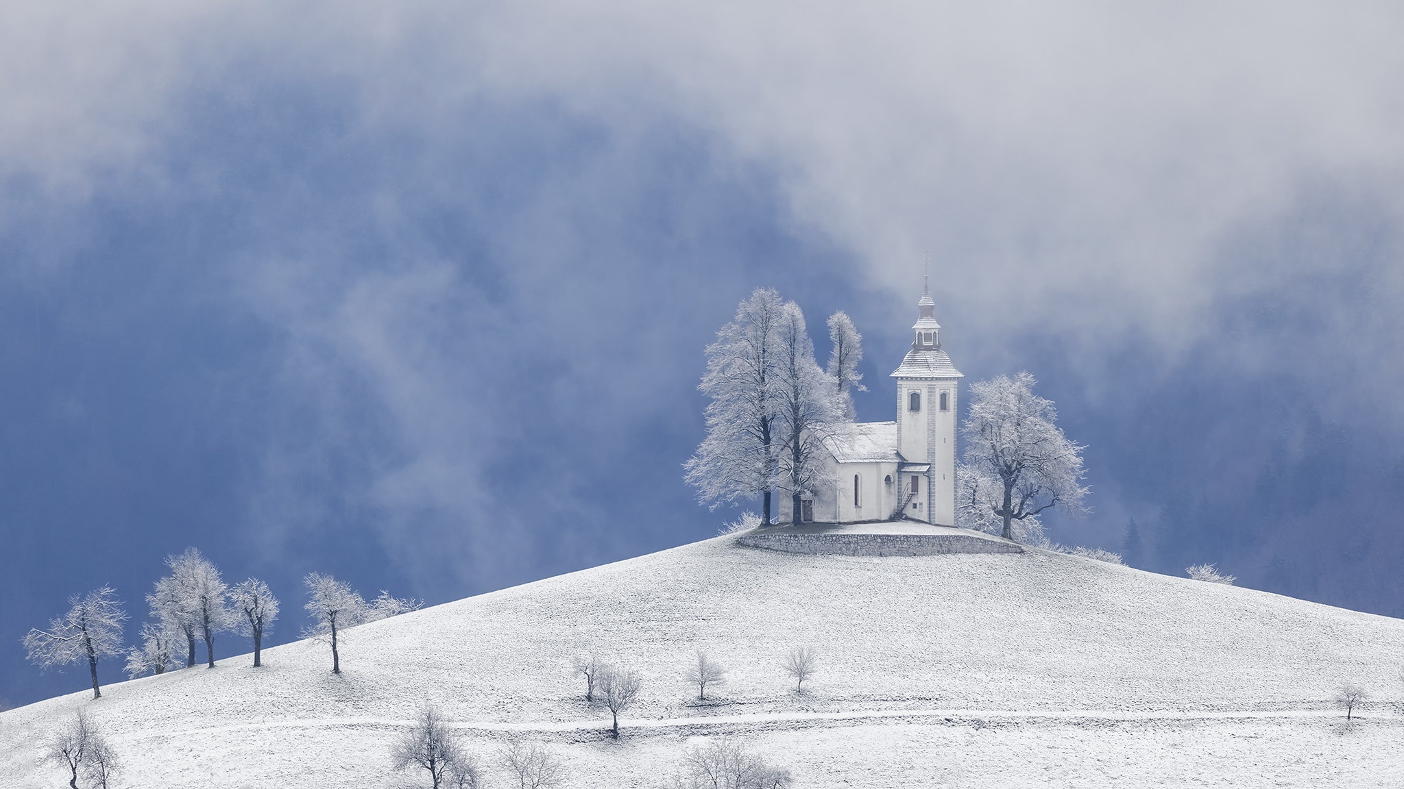 Slovenia Winter Cold Outdoors Snow Church 2048x1152