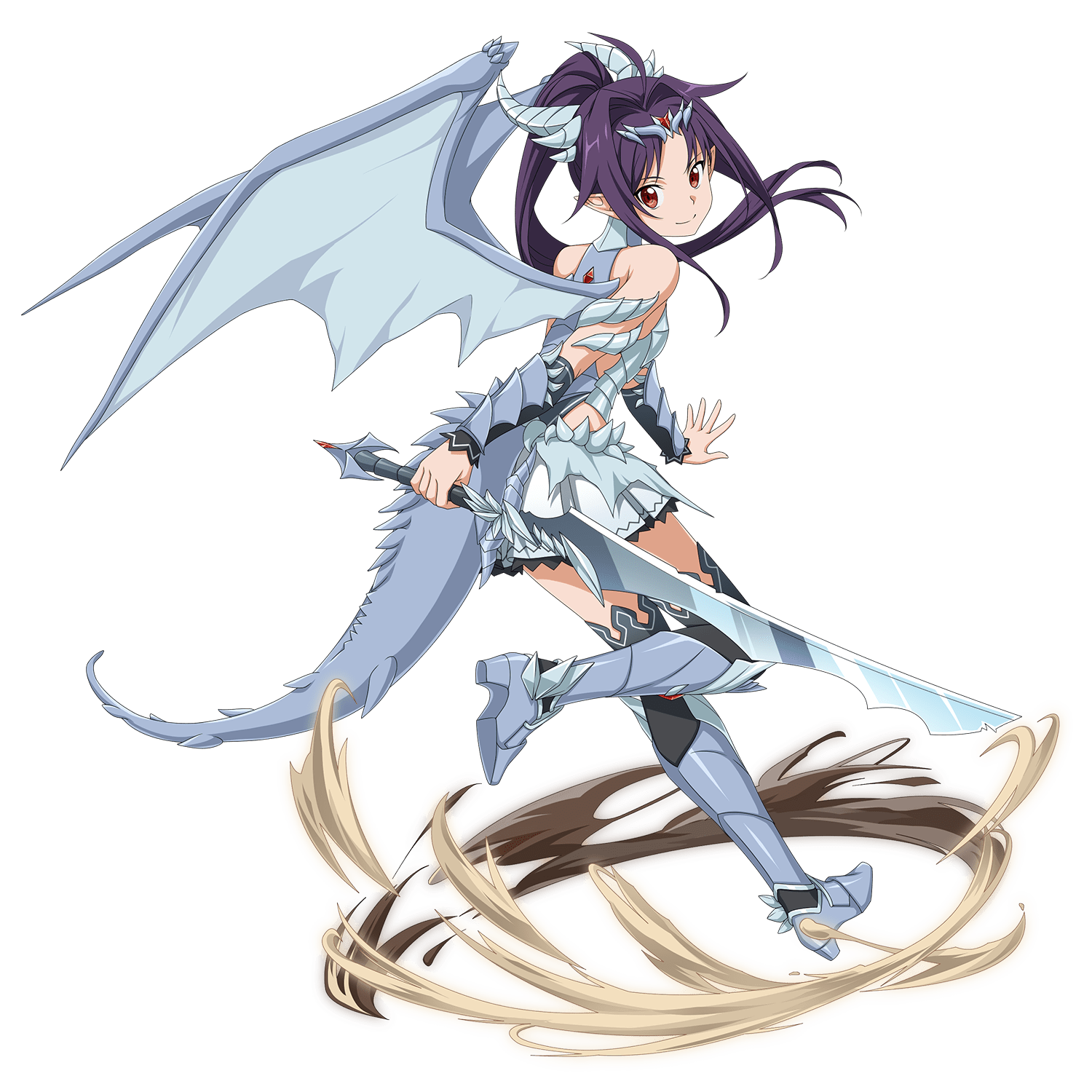 Anime Girls Konno Yuuki Sword Art Online Sword Horns Tail Wings Armor Ponytail Purple Hair Brown Eye 1500x1500