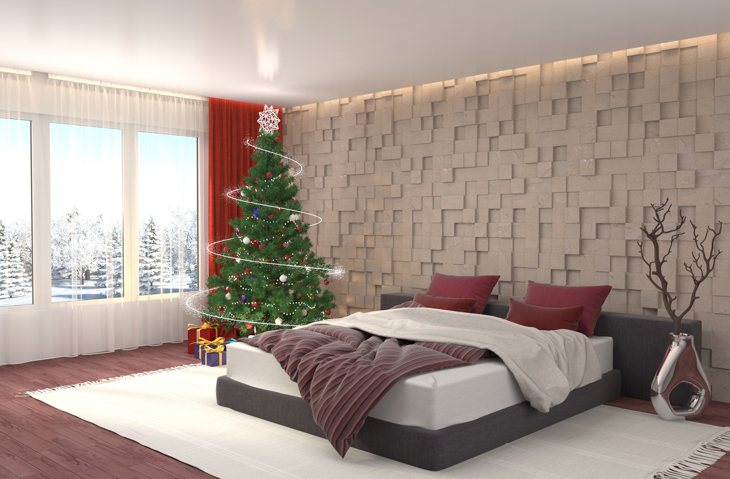 Bedroom Christmas Tree Decoration Furniture 2560x1680