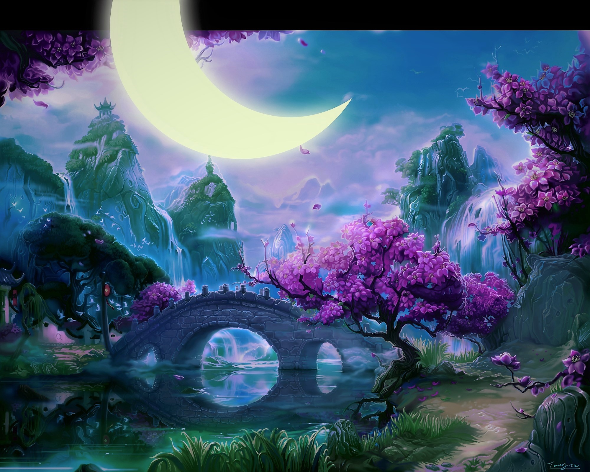 Artistic Asian Bridge Crescent Fantasy Flower Landscape Moon Mountain River Tree Waterfall 2000x1600