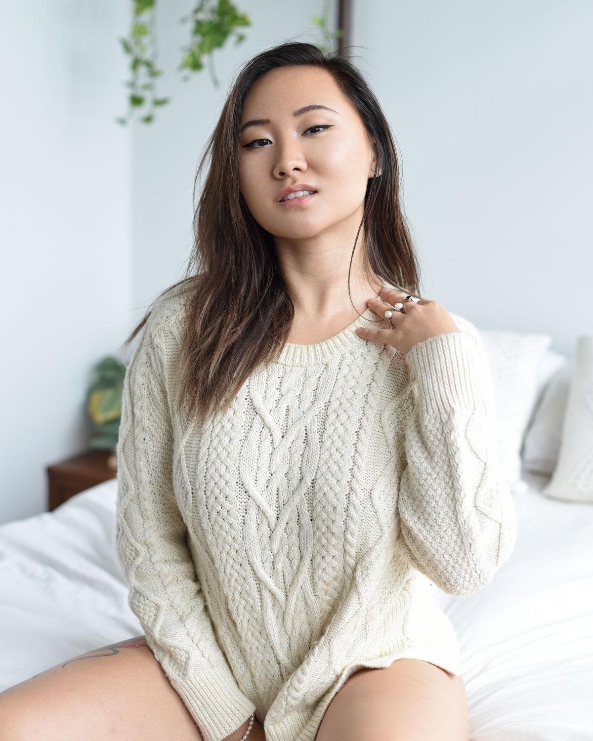 Asian Looking At Viewer Women Depth Of Field Sweater Brunette In Bed In Bedroom Vertical Shoulder Le 1200x1500