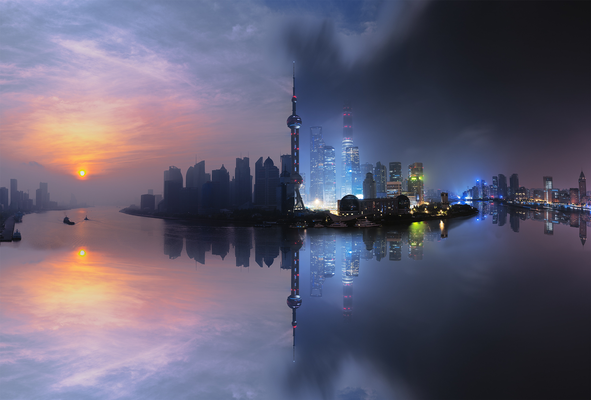 Building China City Night Reflection Shanghai Skyscraper 2048x1387