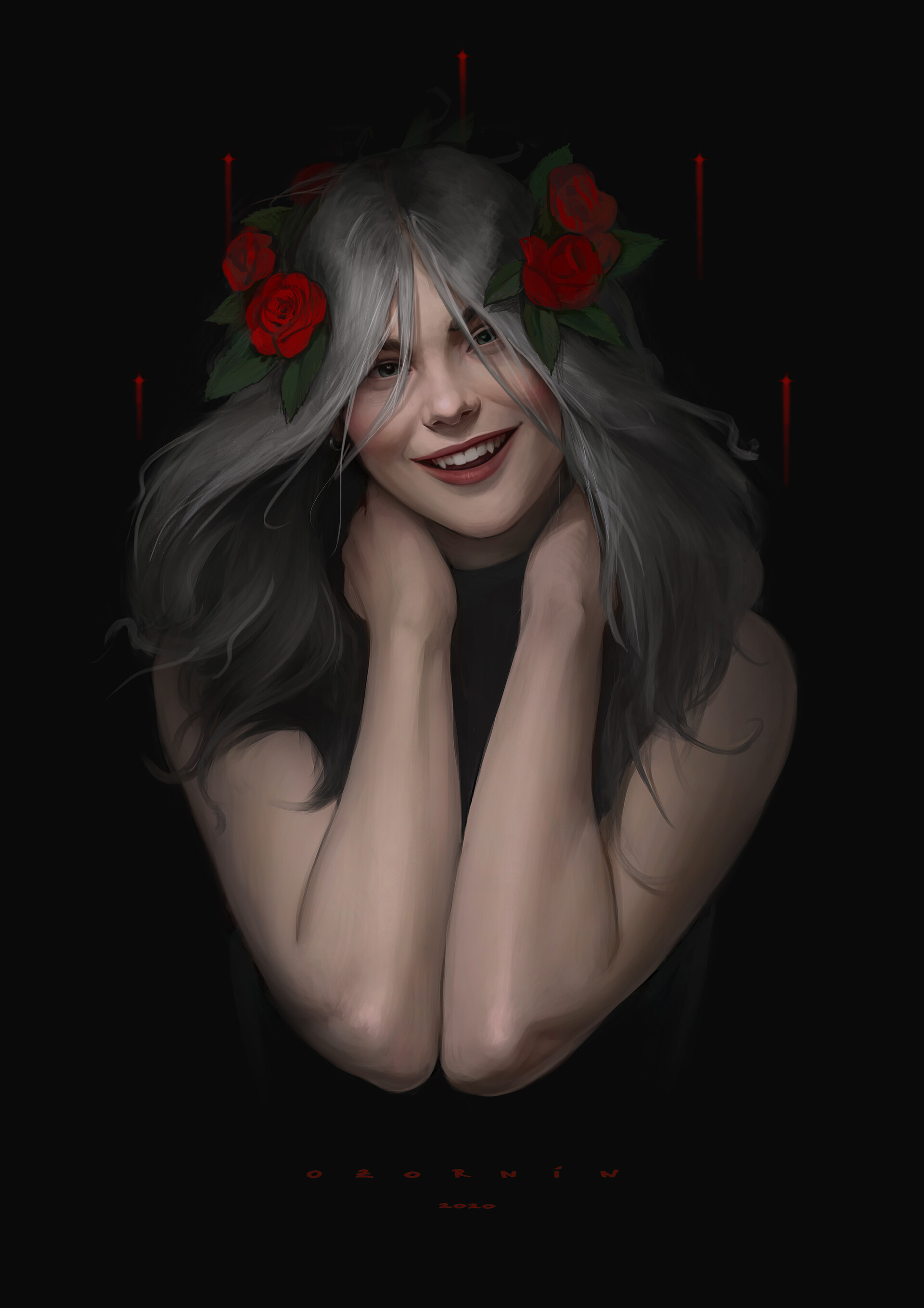 Ilya Ozornin Roses Flower Crown Crown Flower In Hair CROWNED Rose Smiling Fangs Vampires Portrait Di 1920x2717
