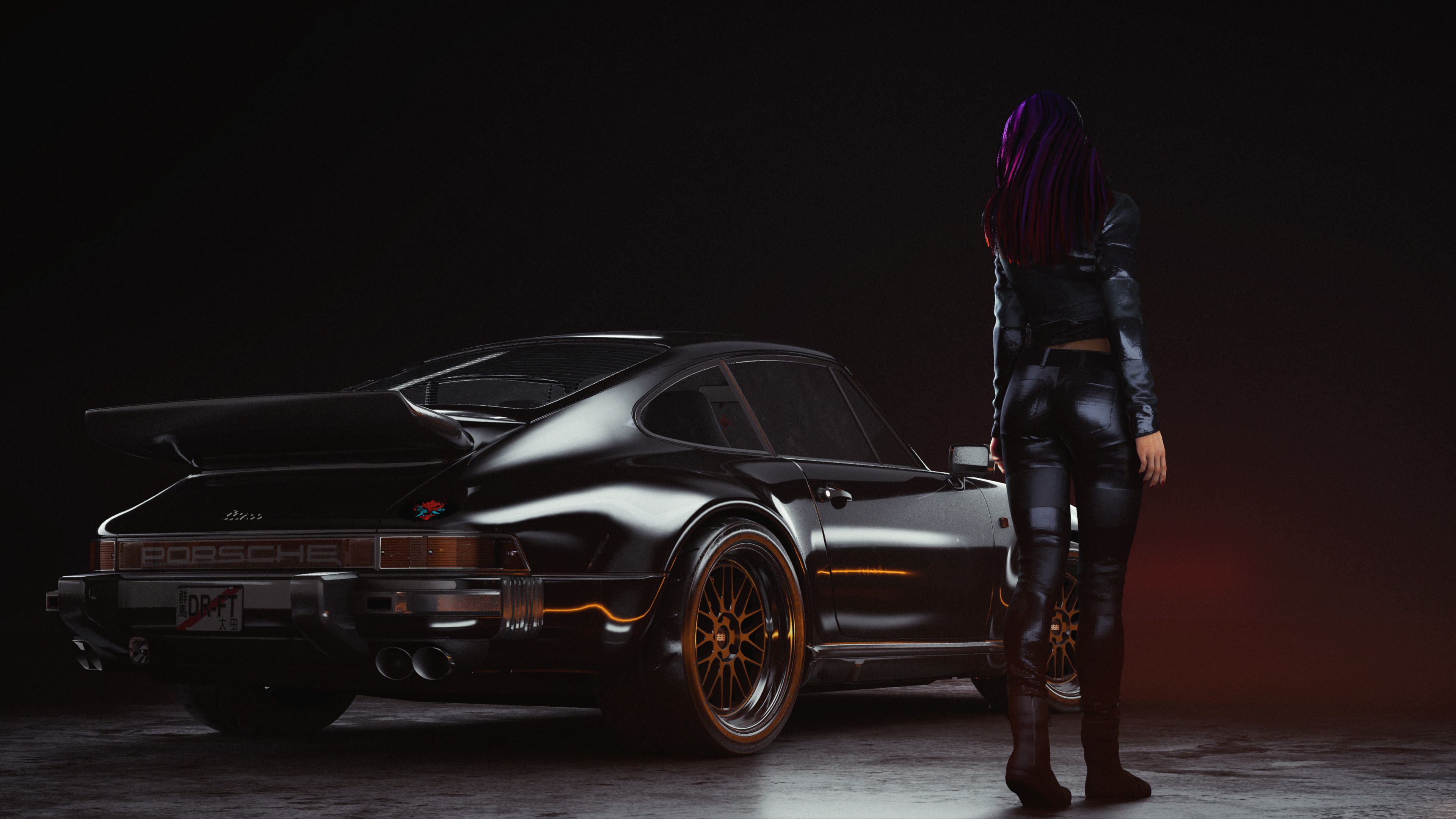 David Baylis Women Digital Art Cyberpunk Black Background Car Porsche Video Game Art Women With Cars 3840x2160