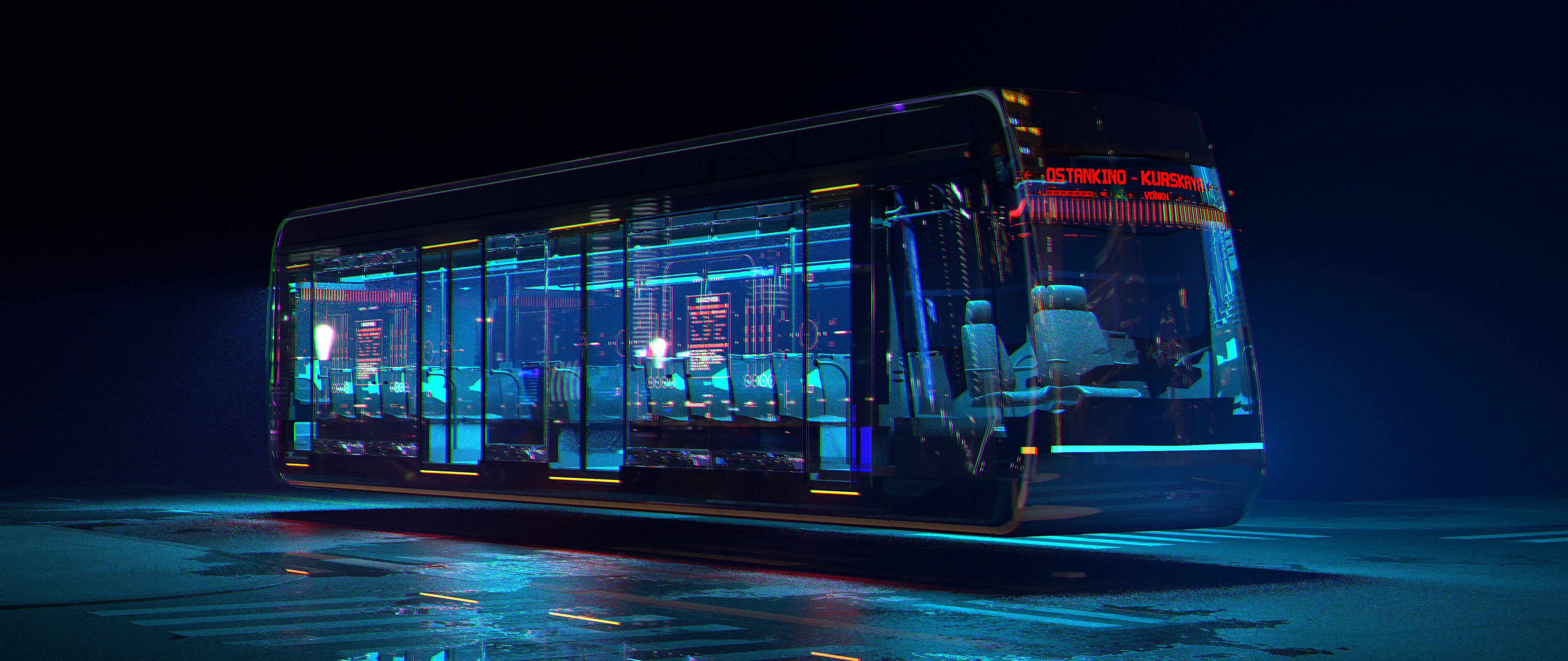 Maks Trofimov Cyberpunk Neon ArtStation Buses Artwork Digital Art Road Asphalt Seat Vehicle Lights 3840x1620
