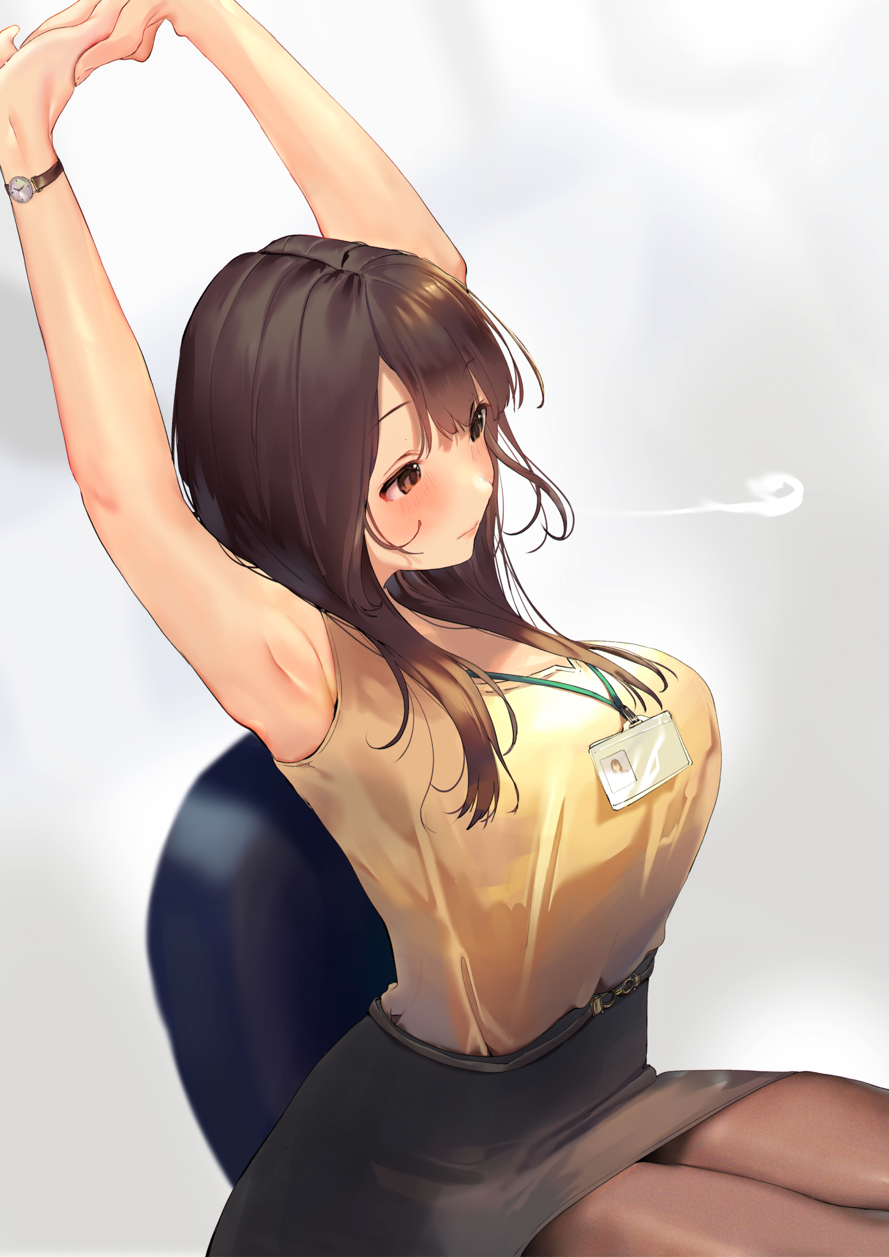 Anime Anime Girls Original Characters Office Girl Arms Up Stretching Watch Brunette Profile Blushing 2894x4093