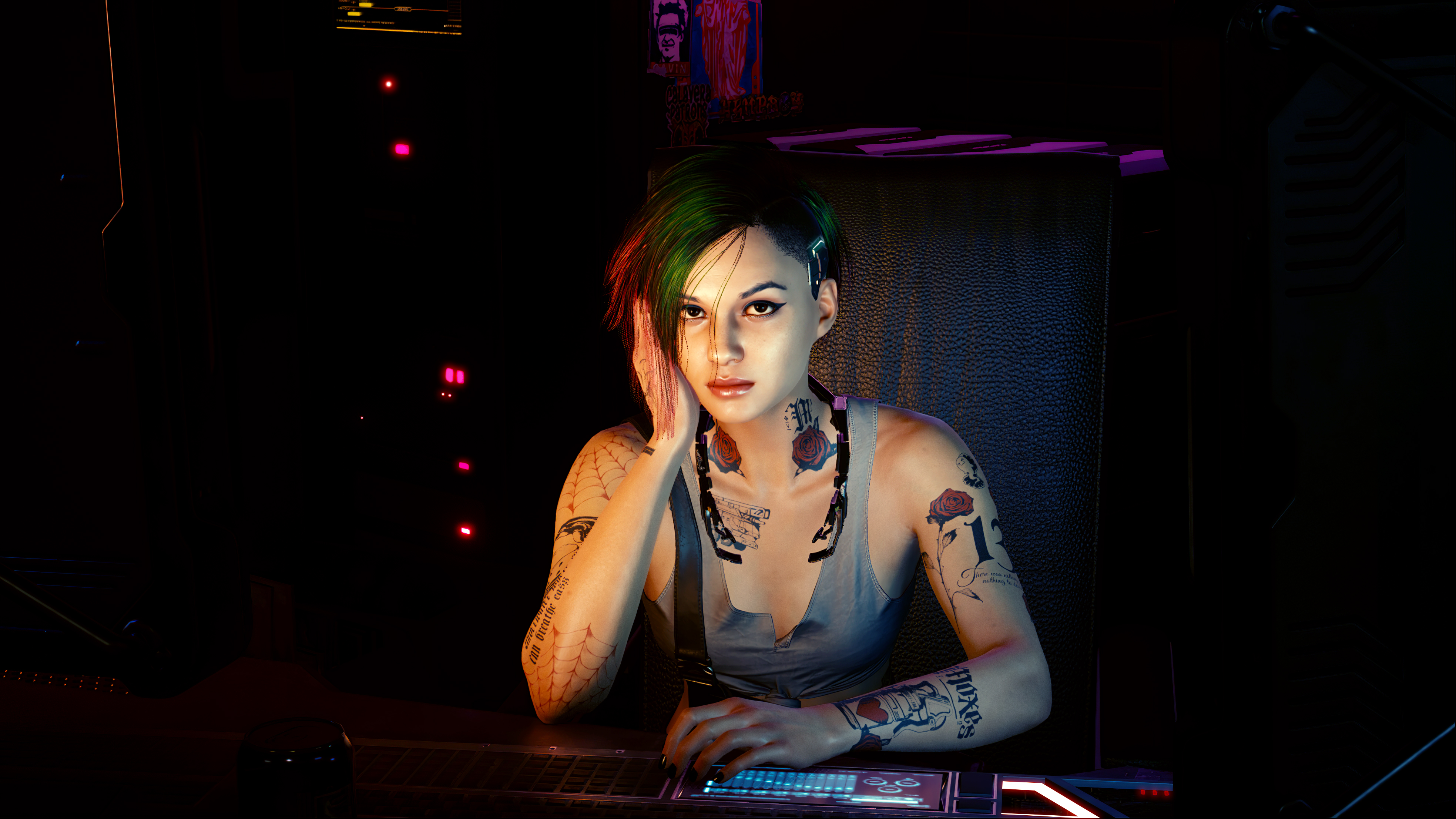 Judy Alvarez Cyberpunk 2077 Video Games Looking At Viewer Hand Gesture Hand On Head Desk Tattoo Gree 3934x2213