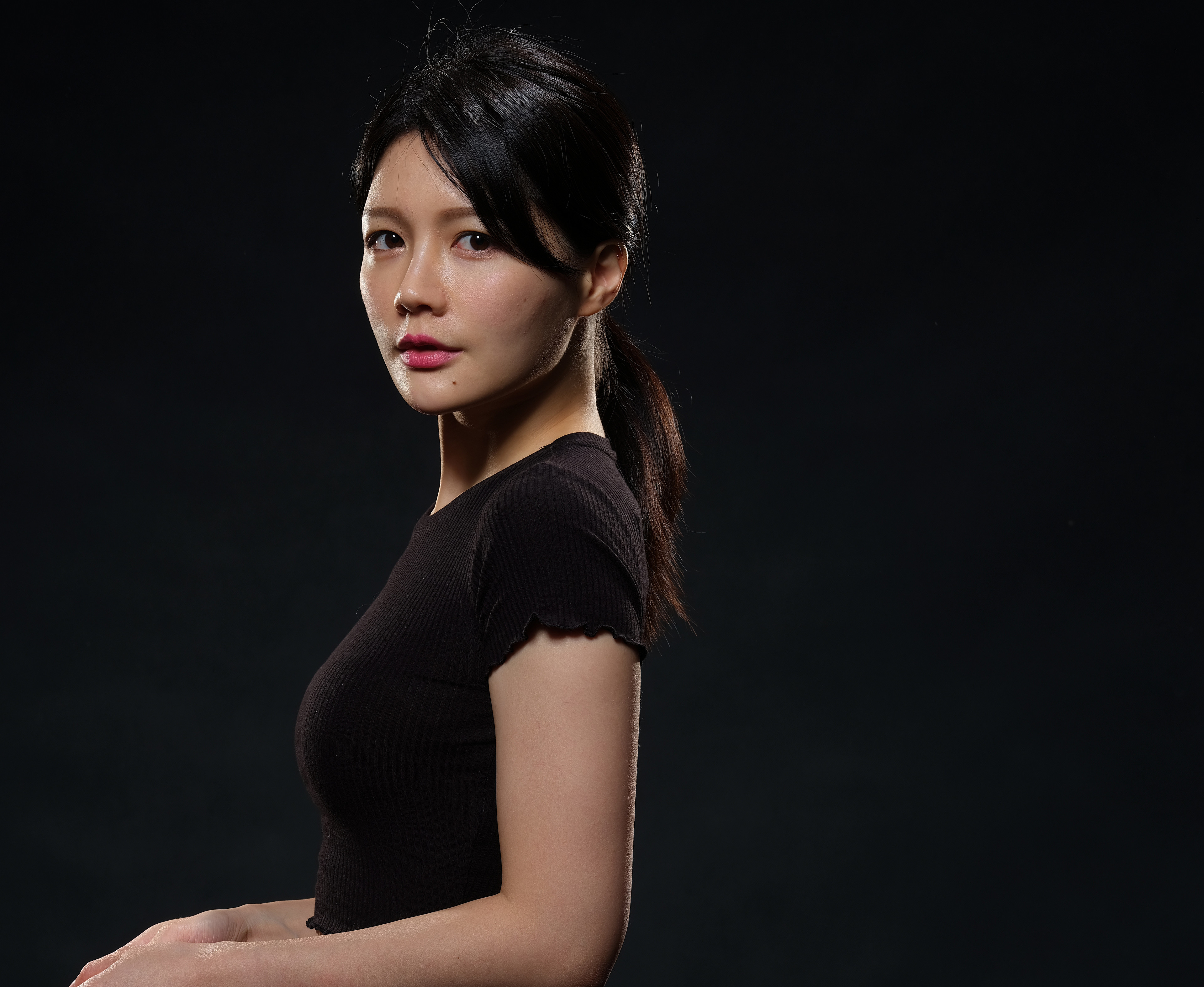 Asian Women Model Long Hair Brunette Black Shirt Ponytail Jane Chen 3840x3149