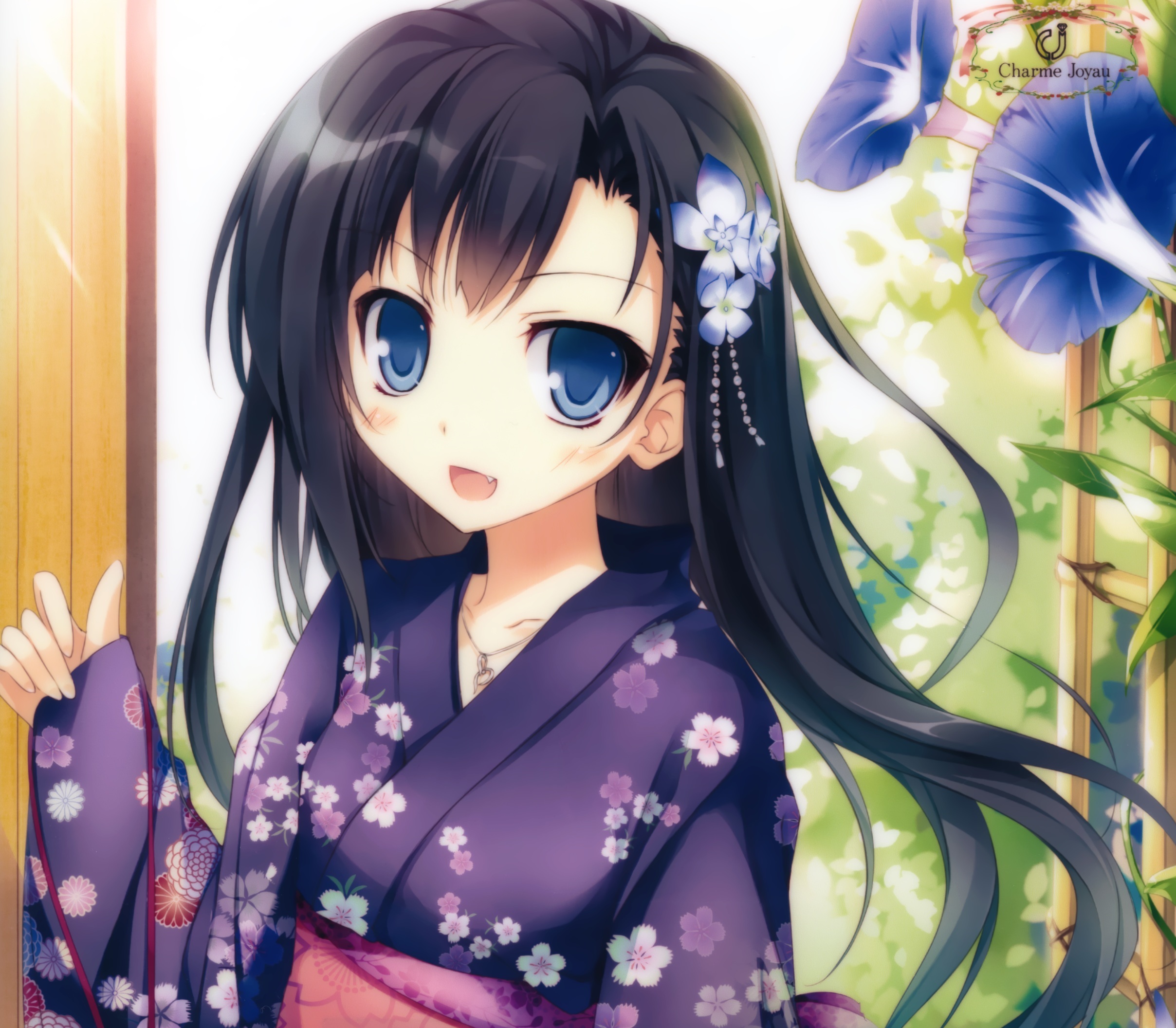 Black Hair Blue Eyes Blush Flower Kimono Long Hair Smile 2416x2112