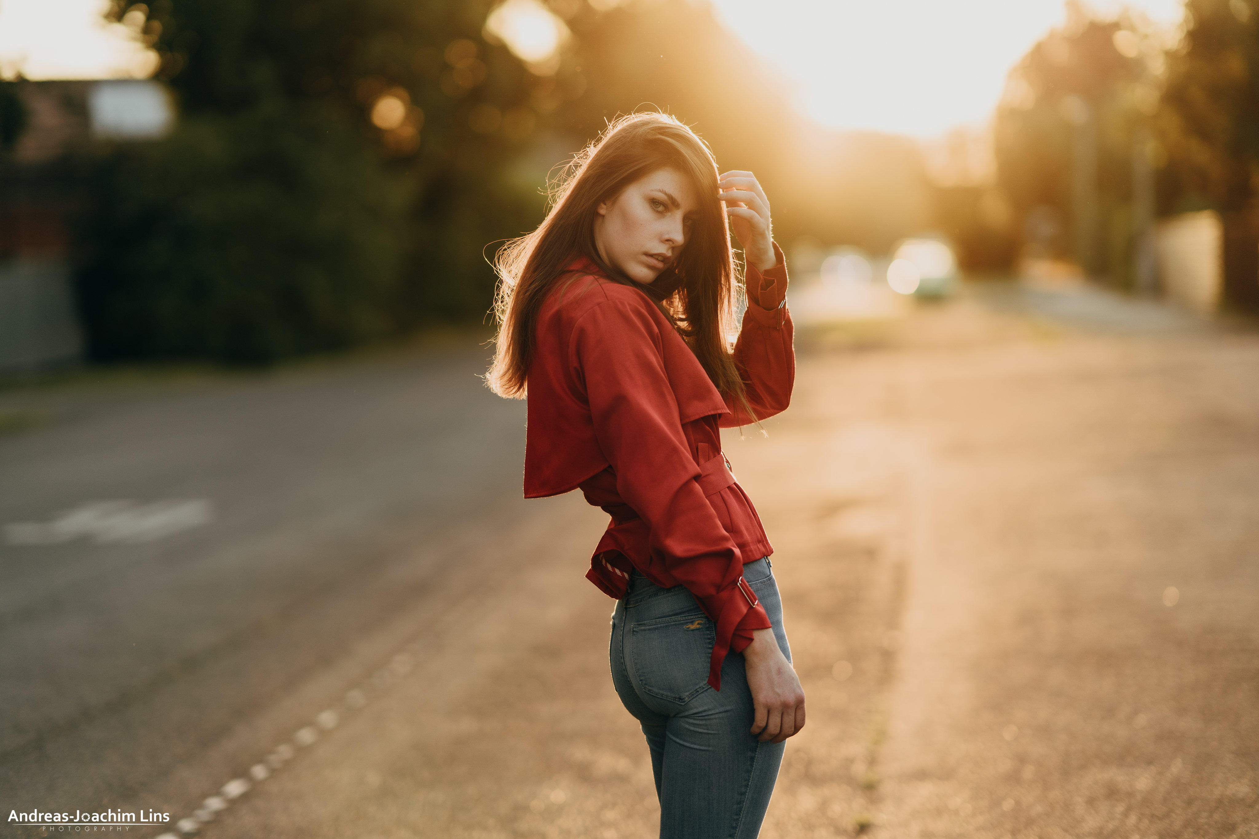 Women Portrait Brunette Blue Eyes Red Jackets Denim Looking Over Shoulder Hands In Hair Andreas Joac 4096x2732